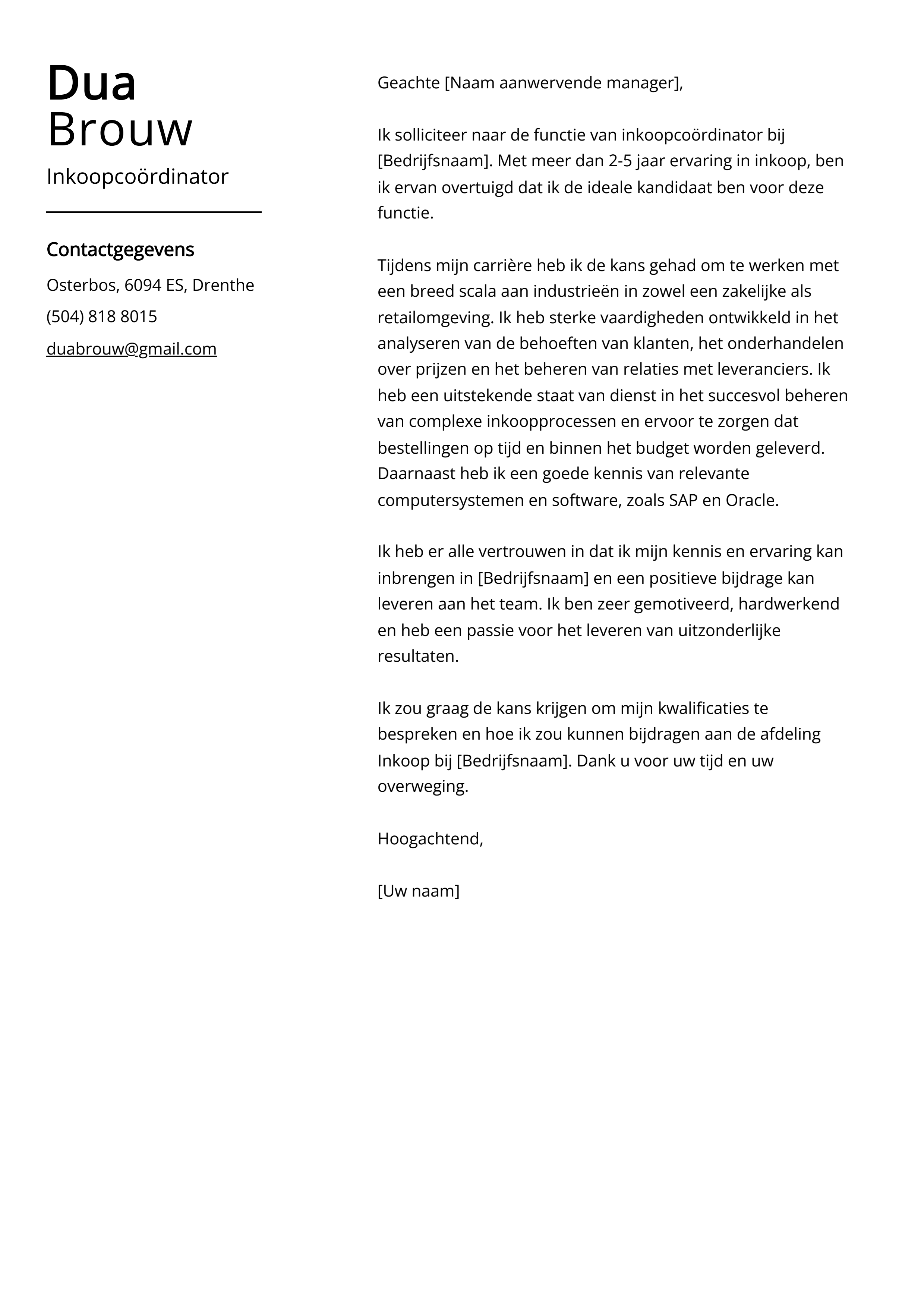 Inkoopcoördinator Voorbeeld sollicitatiebrief