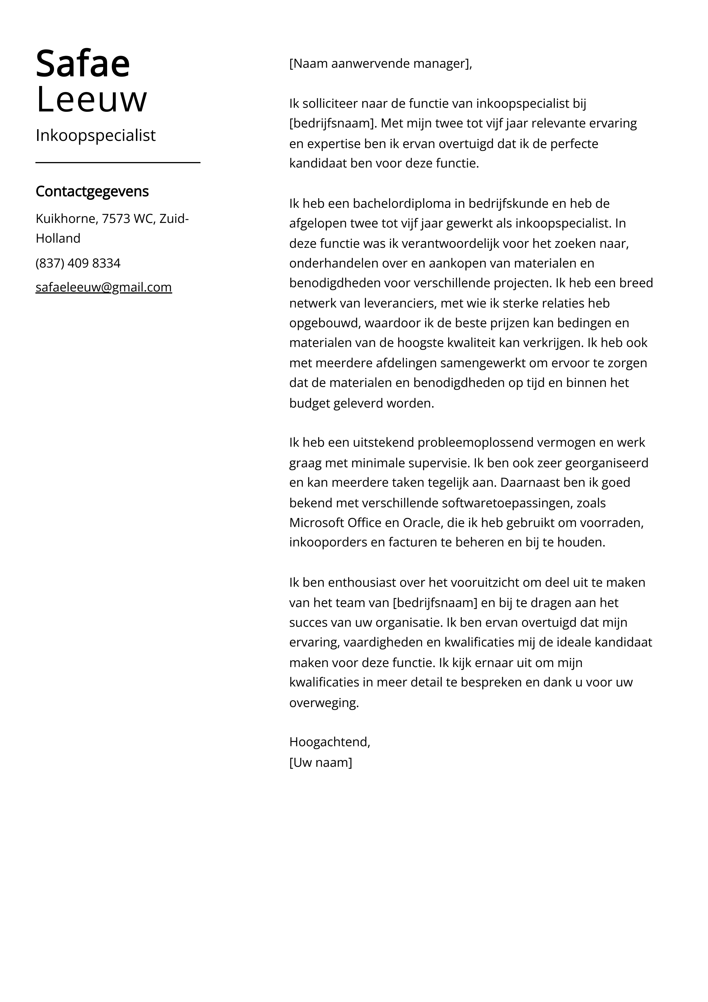 Inkoopspecialist Sollicitatiebrief Voorbeeld