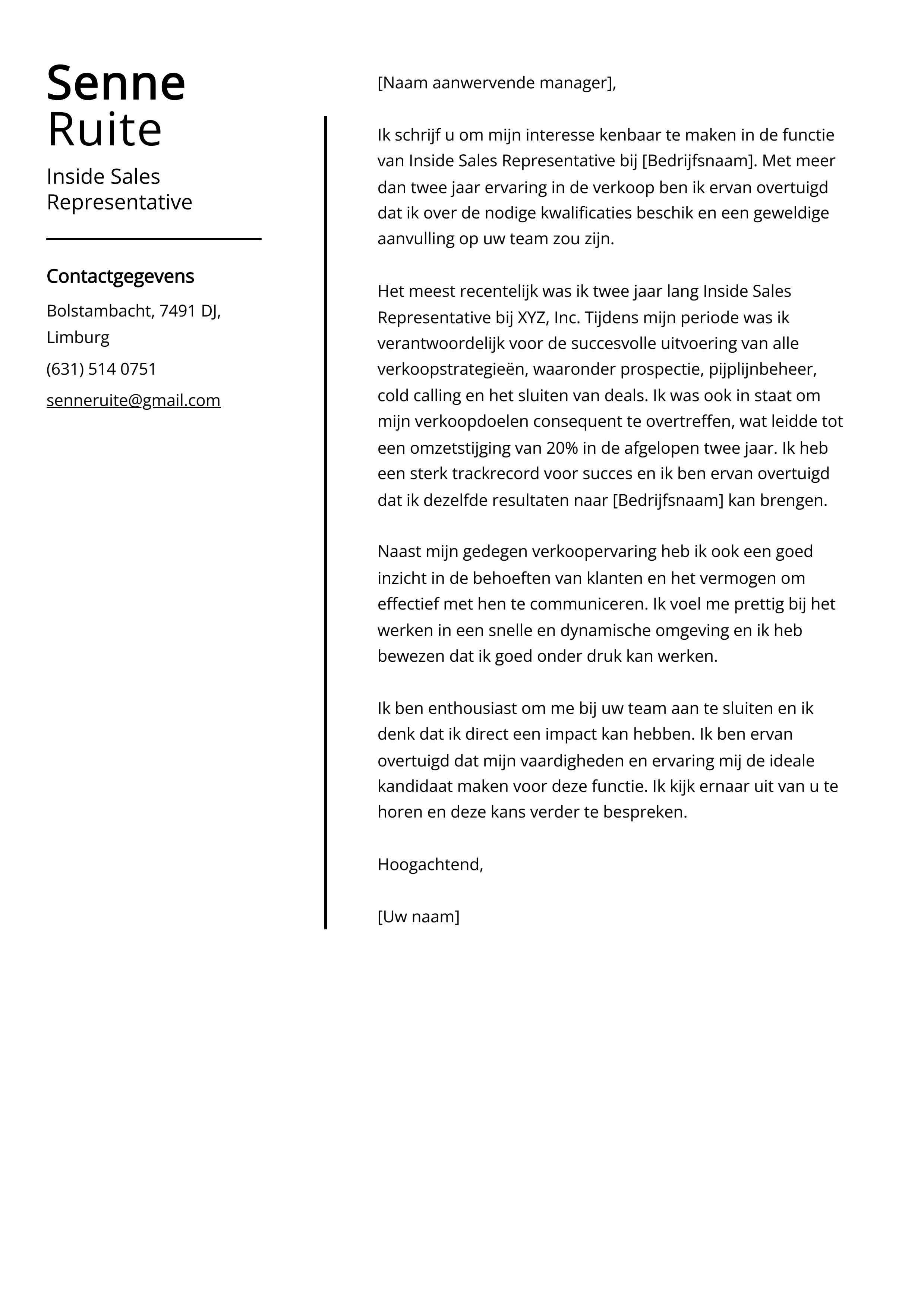 Inside Sales Representative Voorbeeld sollicitatiebrief