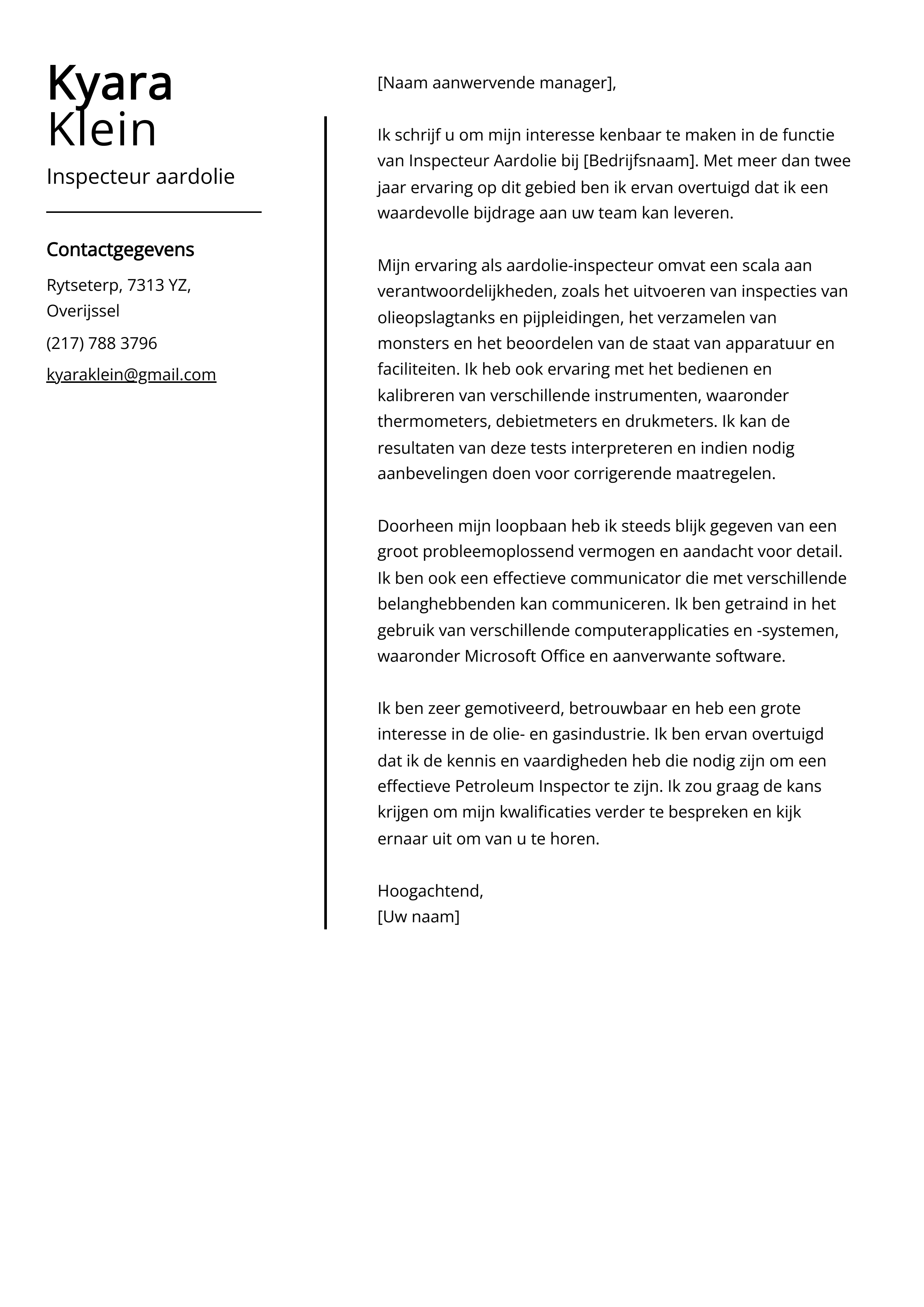 Inspecteur aardolie Sollicitatiebrief Voorbeeld