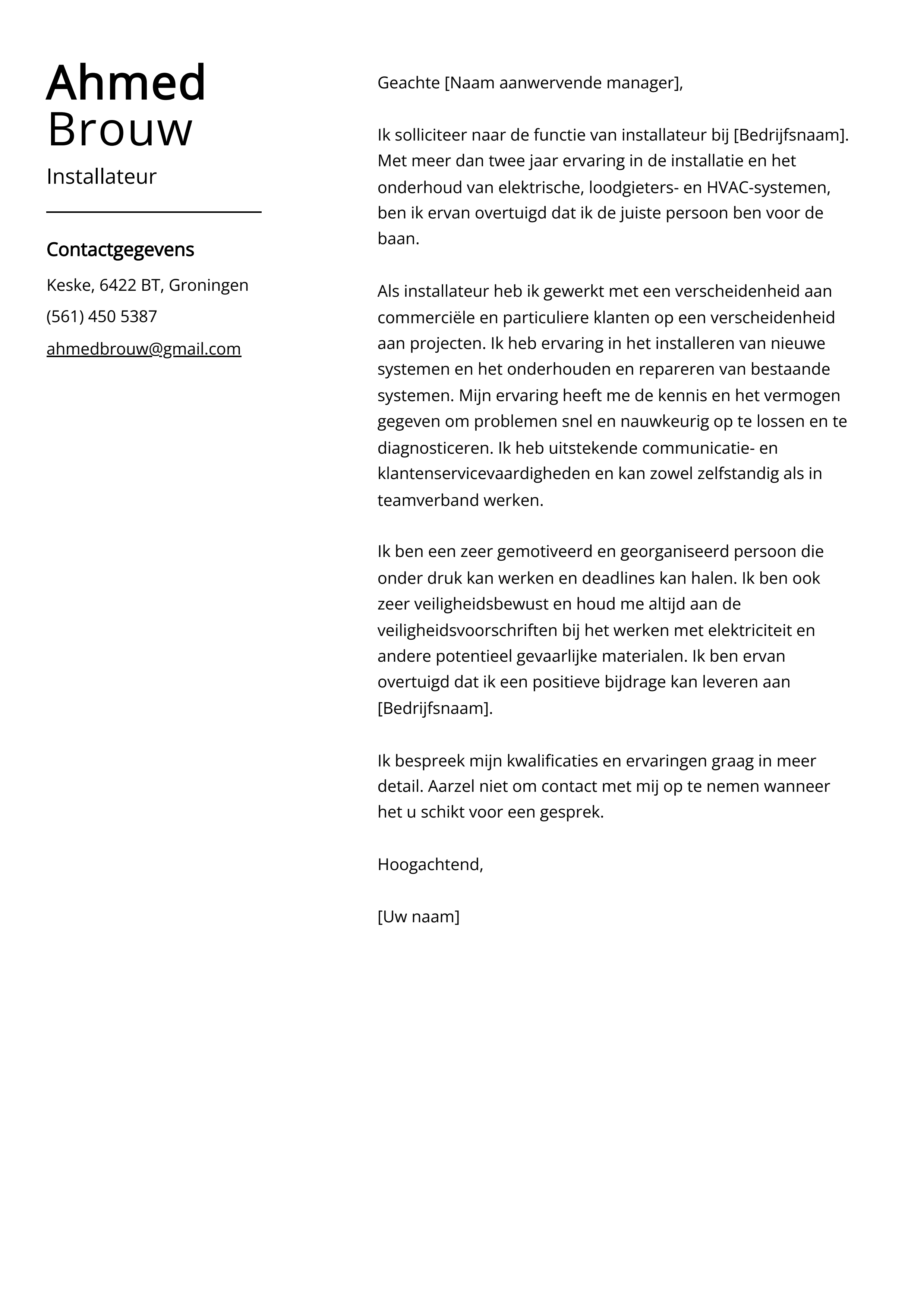 Voorbeeld sollicitatiebrief installateur