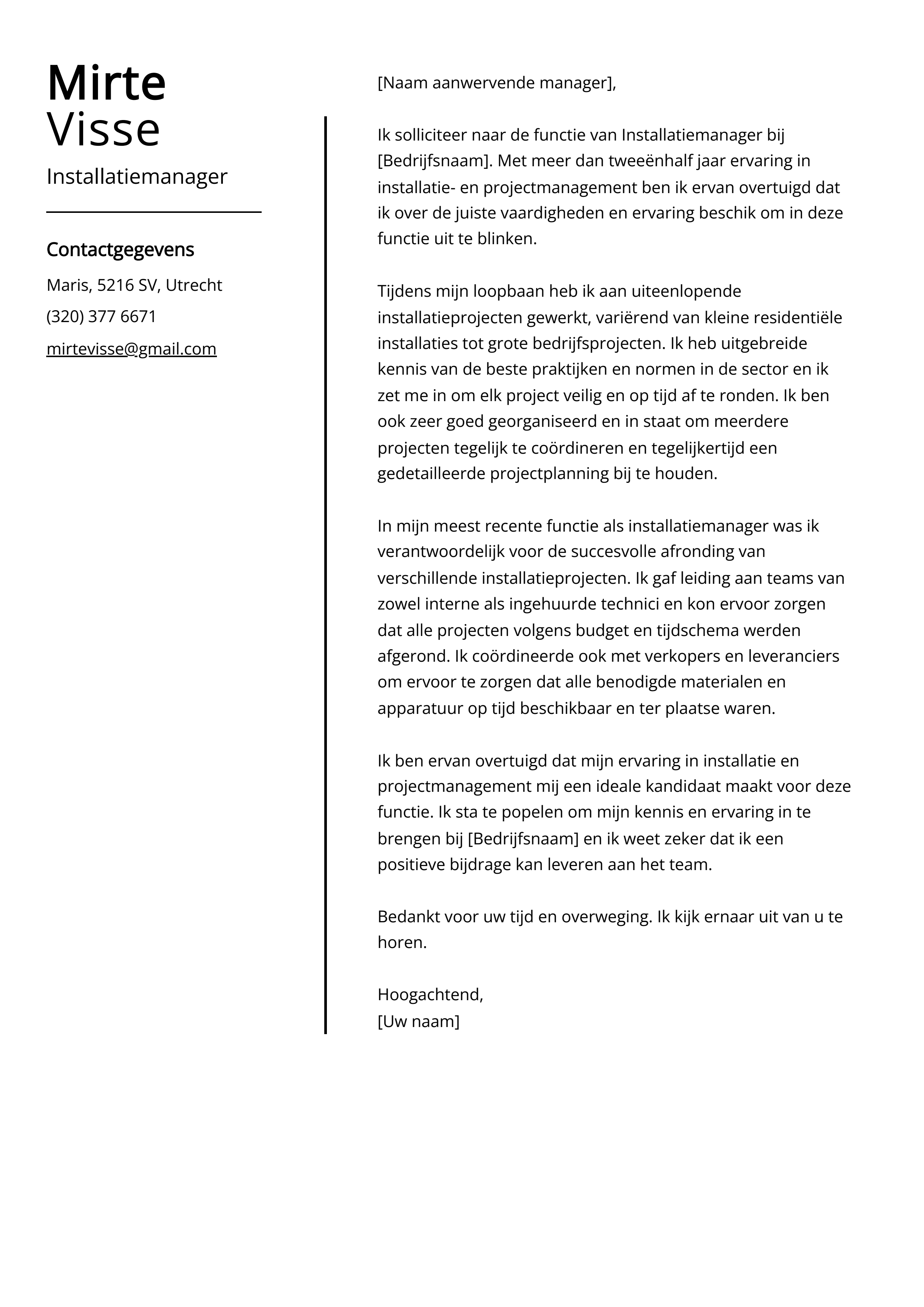 Installatiemanager Sollicitatiebrief Voorbeeld