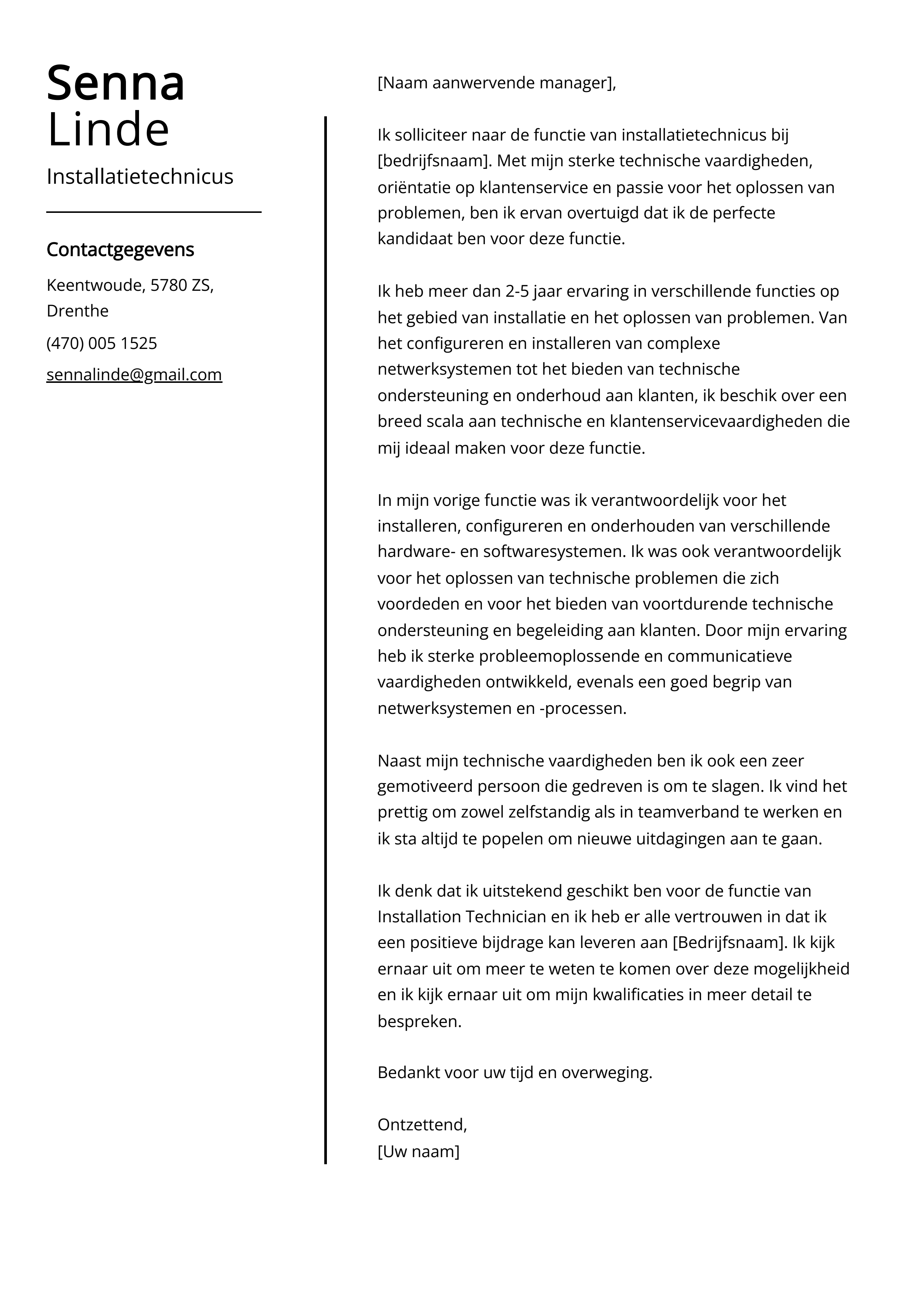 Installatietechnicus Voorbeeld sollicitatiebrief