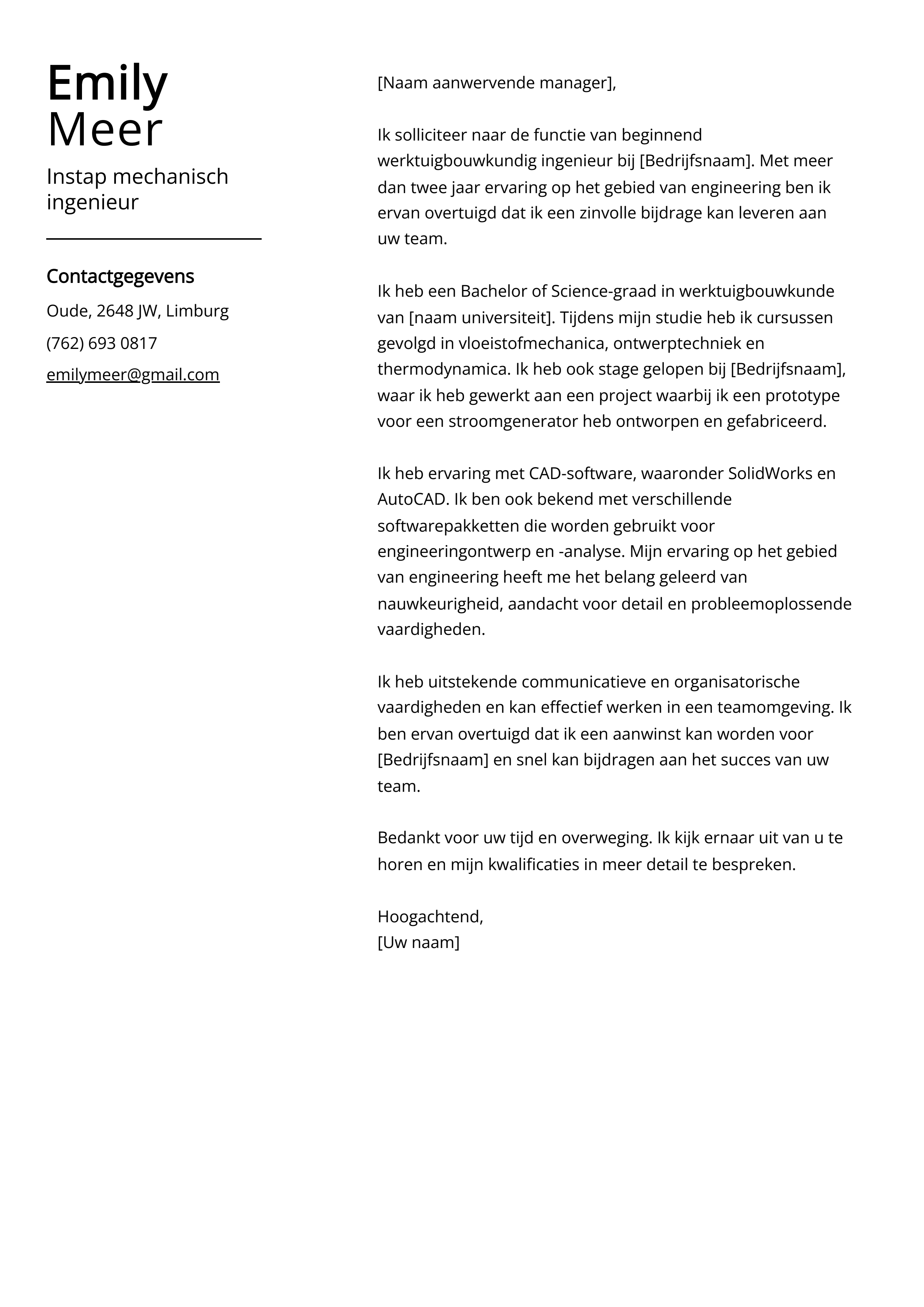 Instap mechanisch ingenieur Sollicitatiebrief Voorbeeld