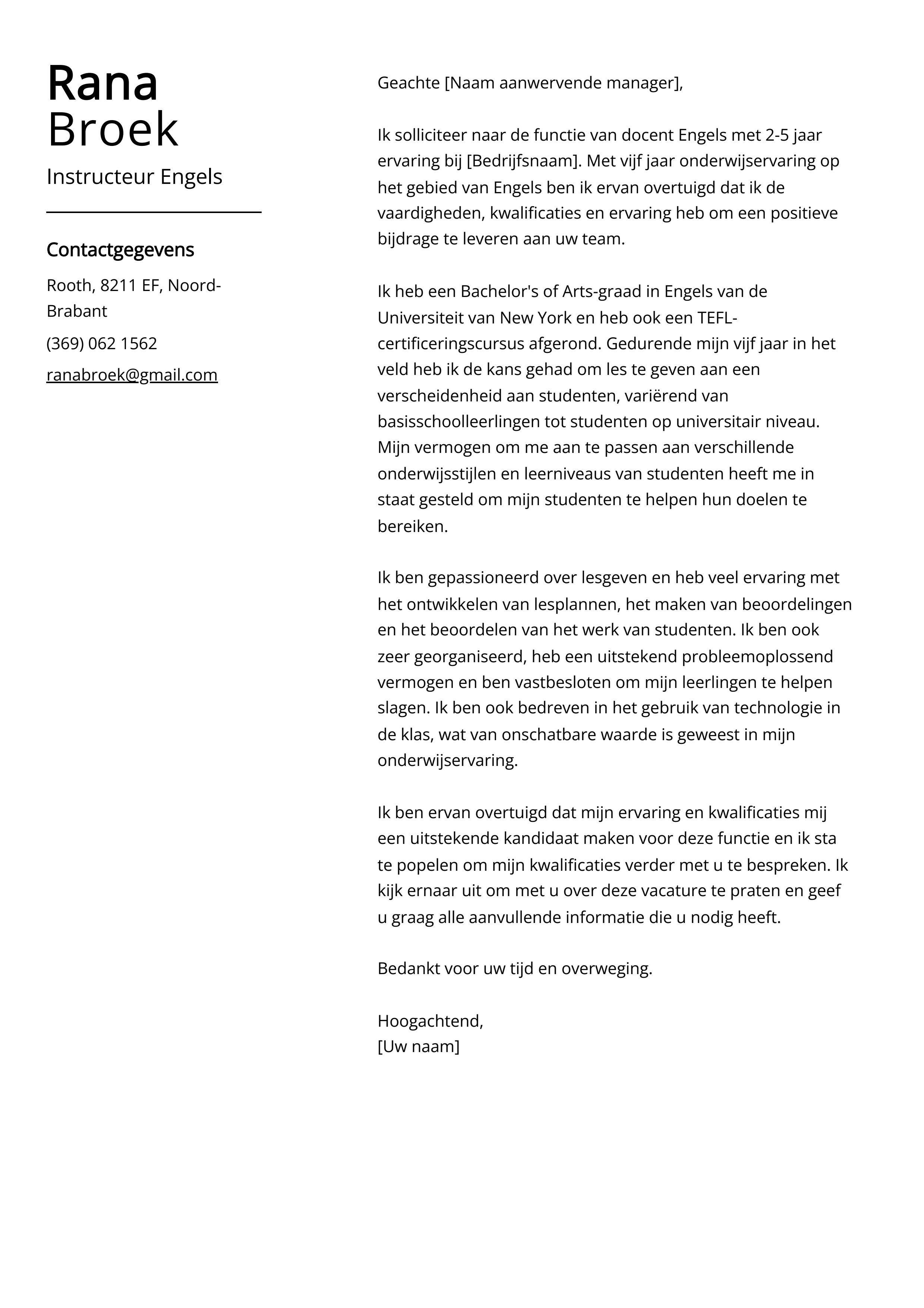 Instructeur Engels Voorbeeld sollicitatiebrief