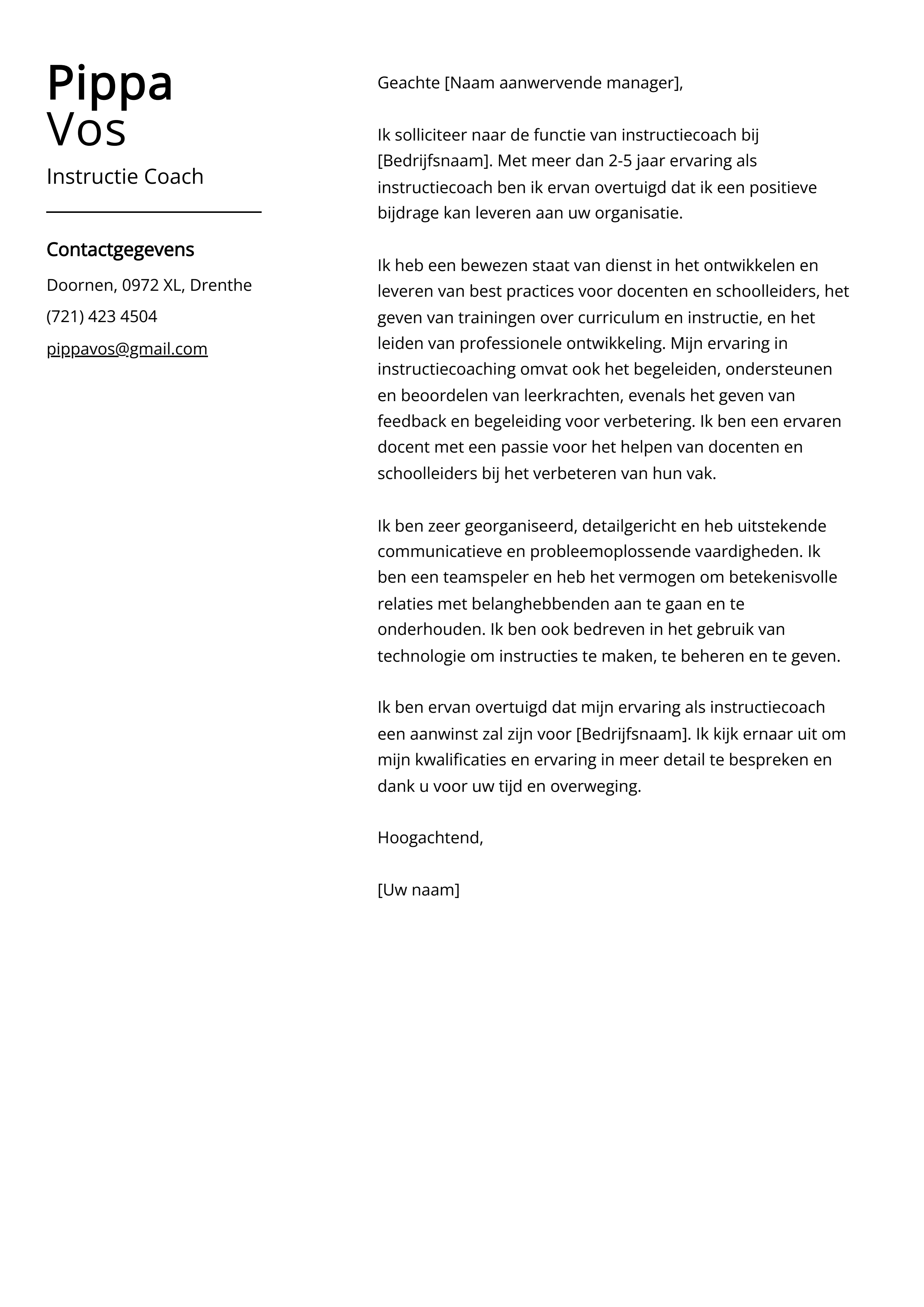 Instructie Coach Sollicitatiebrief Voorbeeld