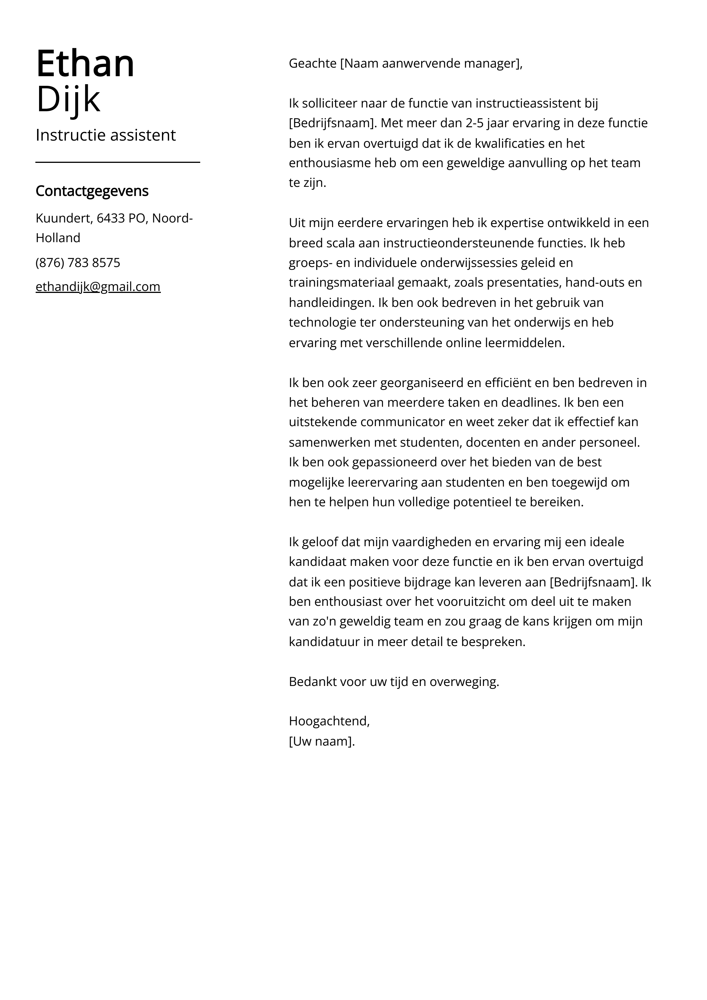 Instructie assistent Cover Letter Voorbeeld