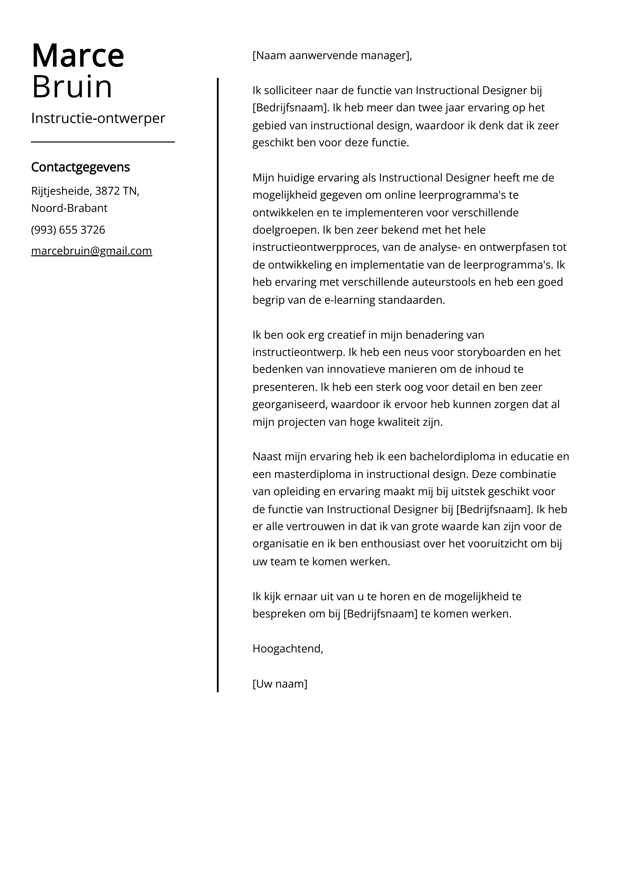 Instructie-ontwerper Voorbeeld sollicitatiebrief