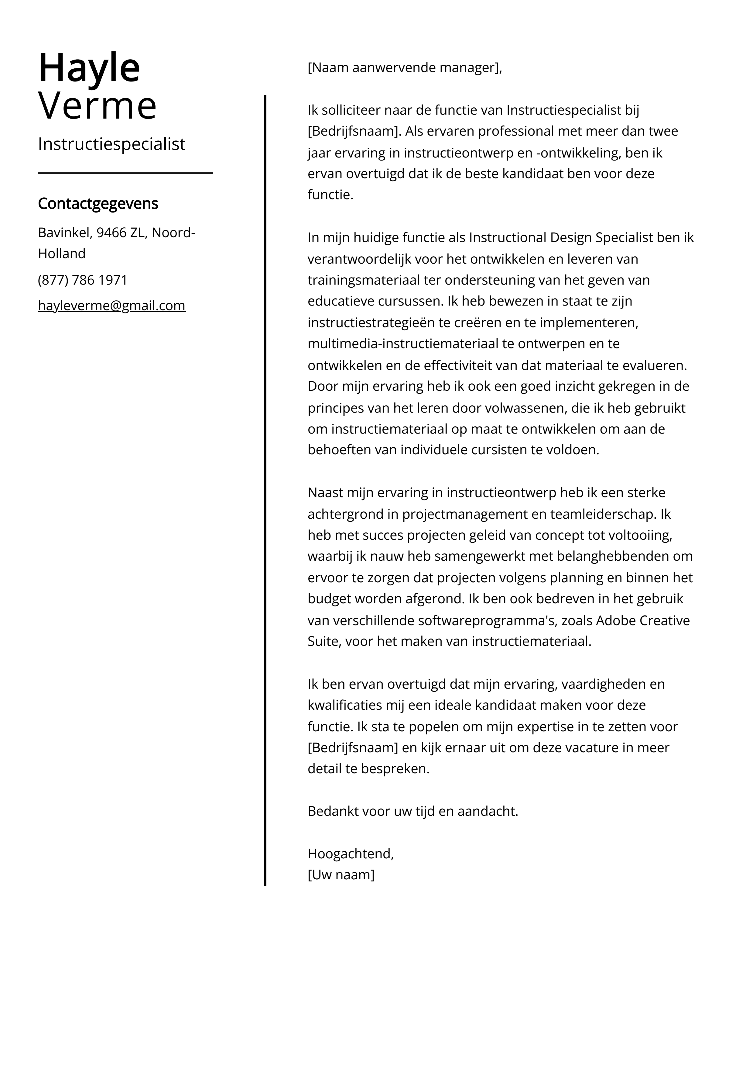 Instructiespecialist Voorbeeld sollicitatiebrief