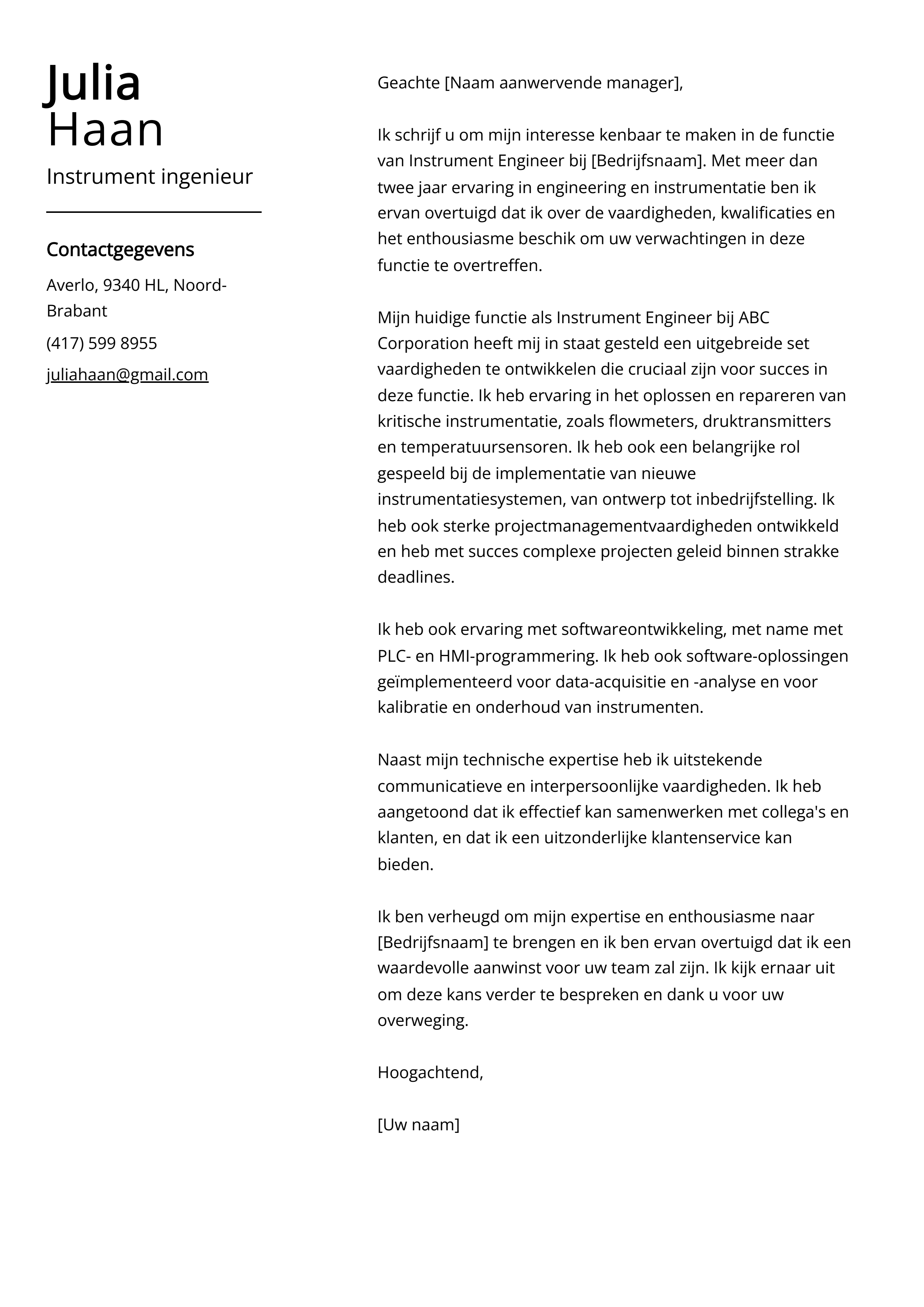 Instrument ingenieur sollicitatiebrief voorbeeld