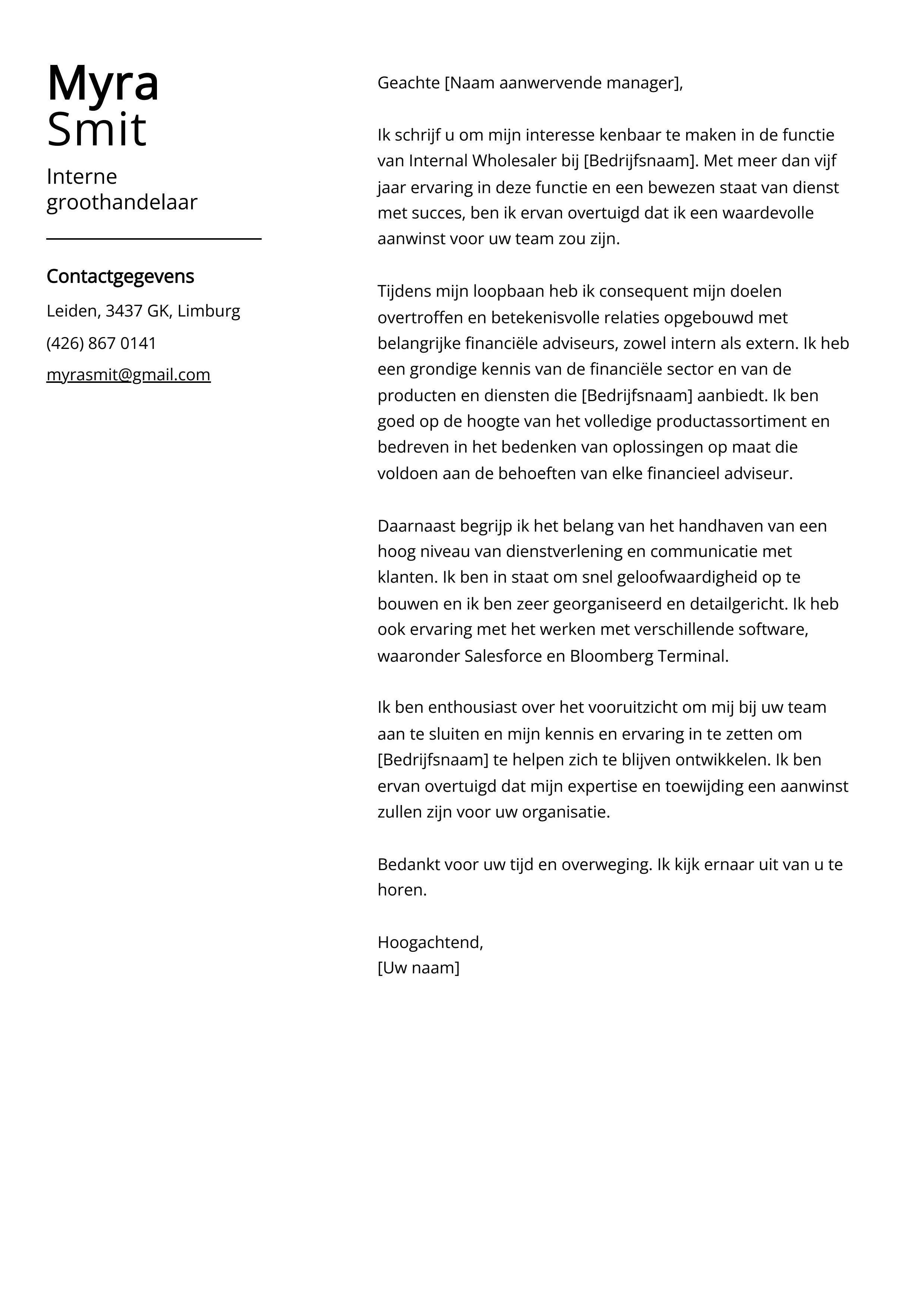 Interne groothandelaar Voorbeeld sollicitatiebrief