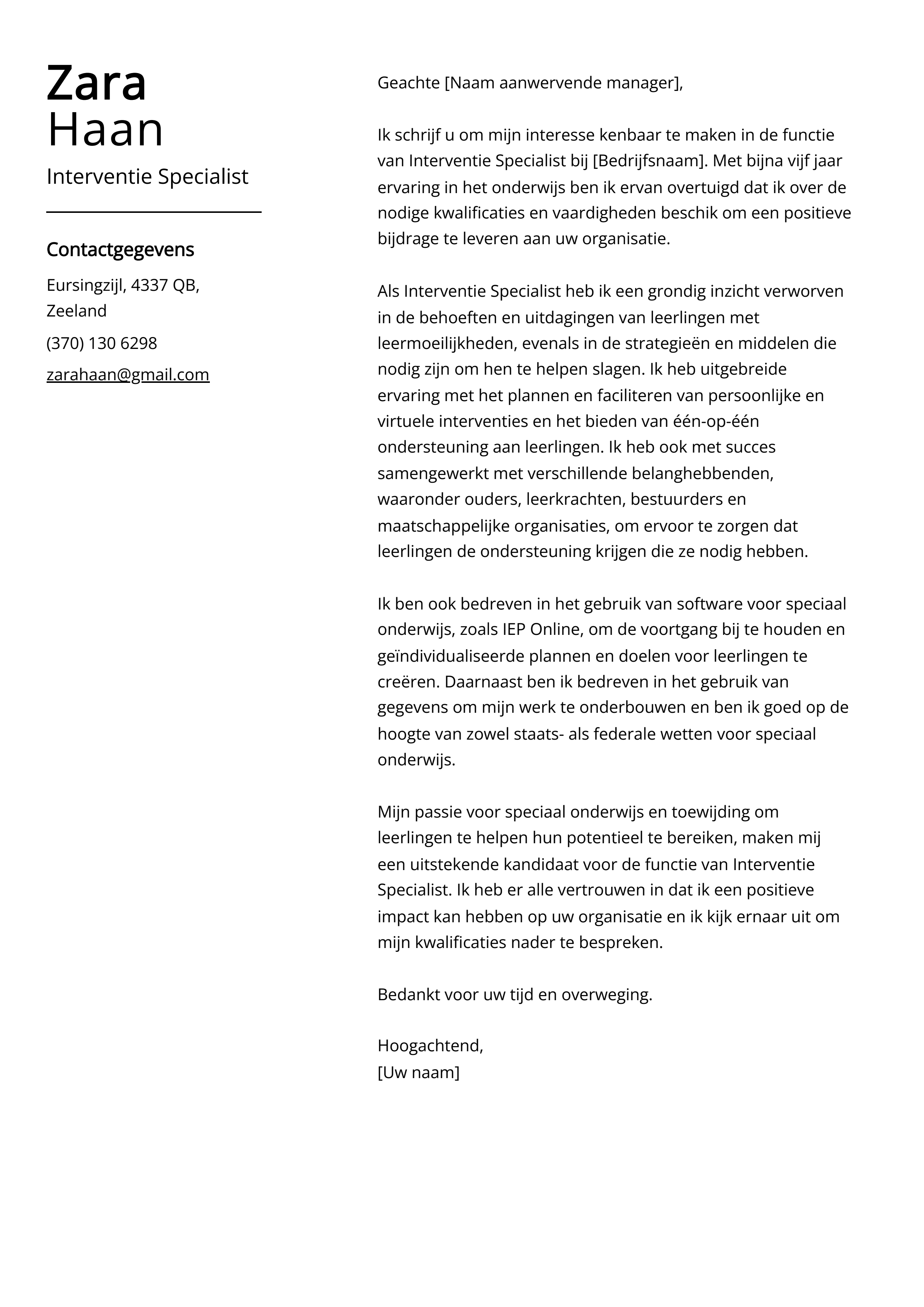 Interventie Sollicitatiebrief Voorbeeld