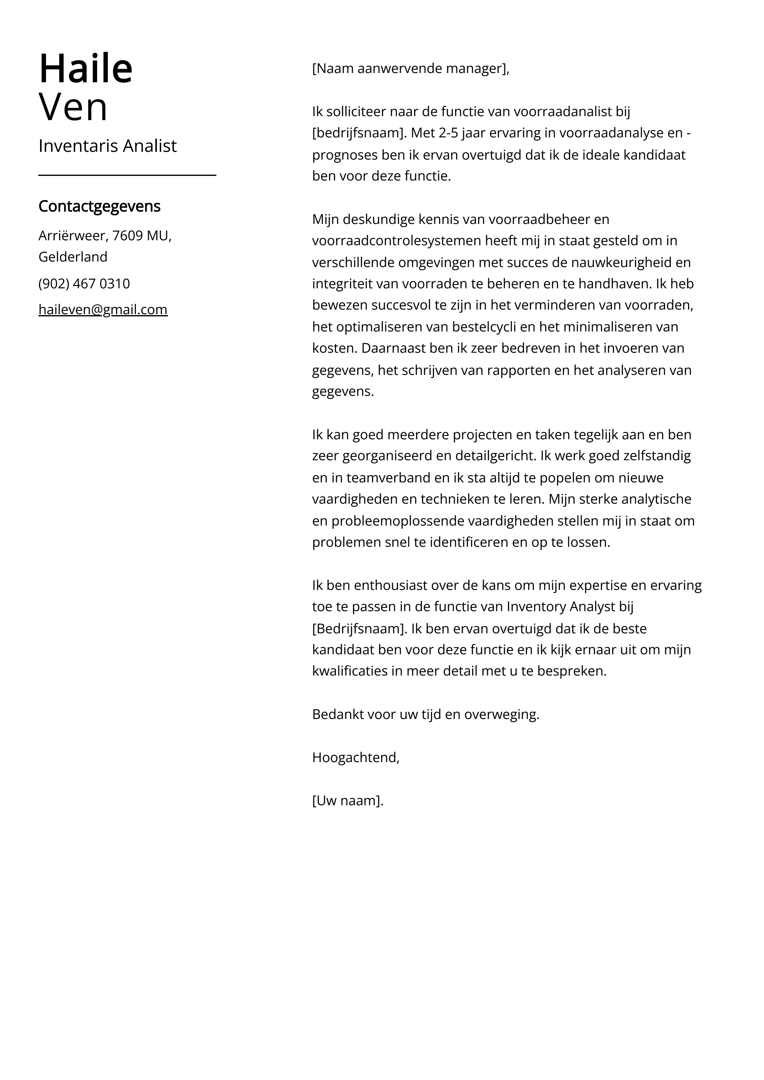 Inventaris Analist Sollicitatiebrief Voorbeeld