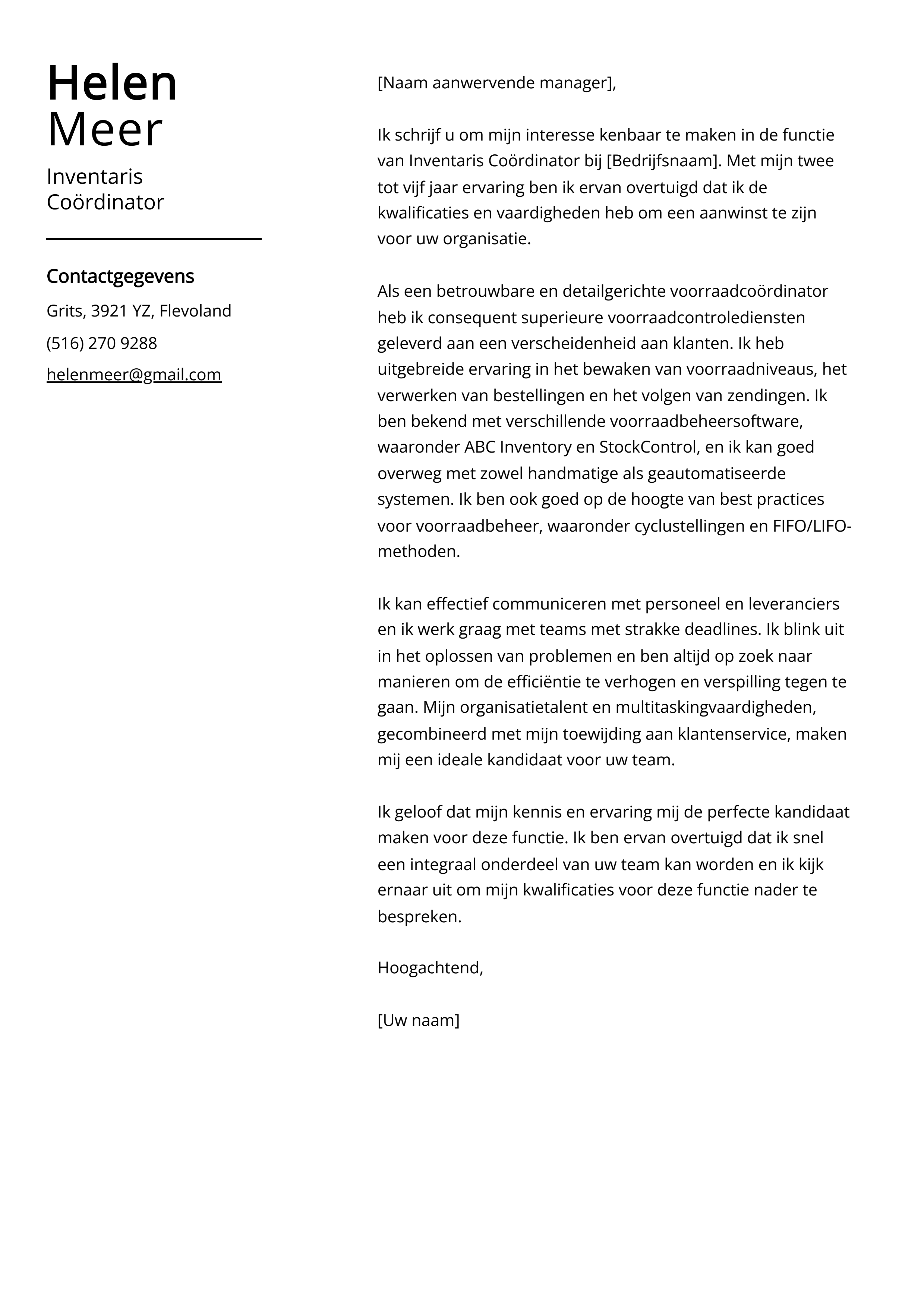 Inventaris Coördinator Voorbeeld sollicitatiebrief