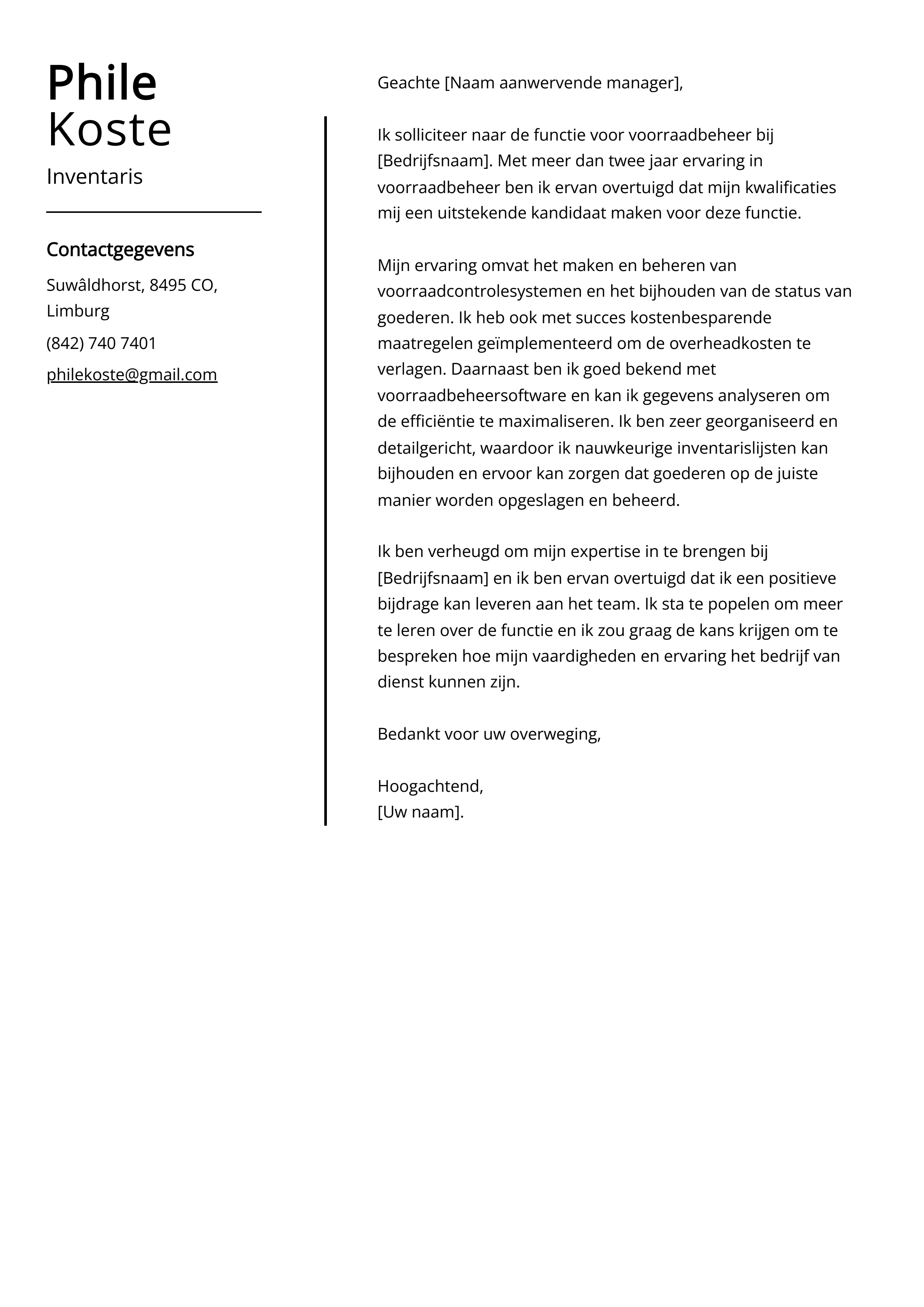 Inventaris sollicitatiebrief voorbeeld