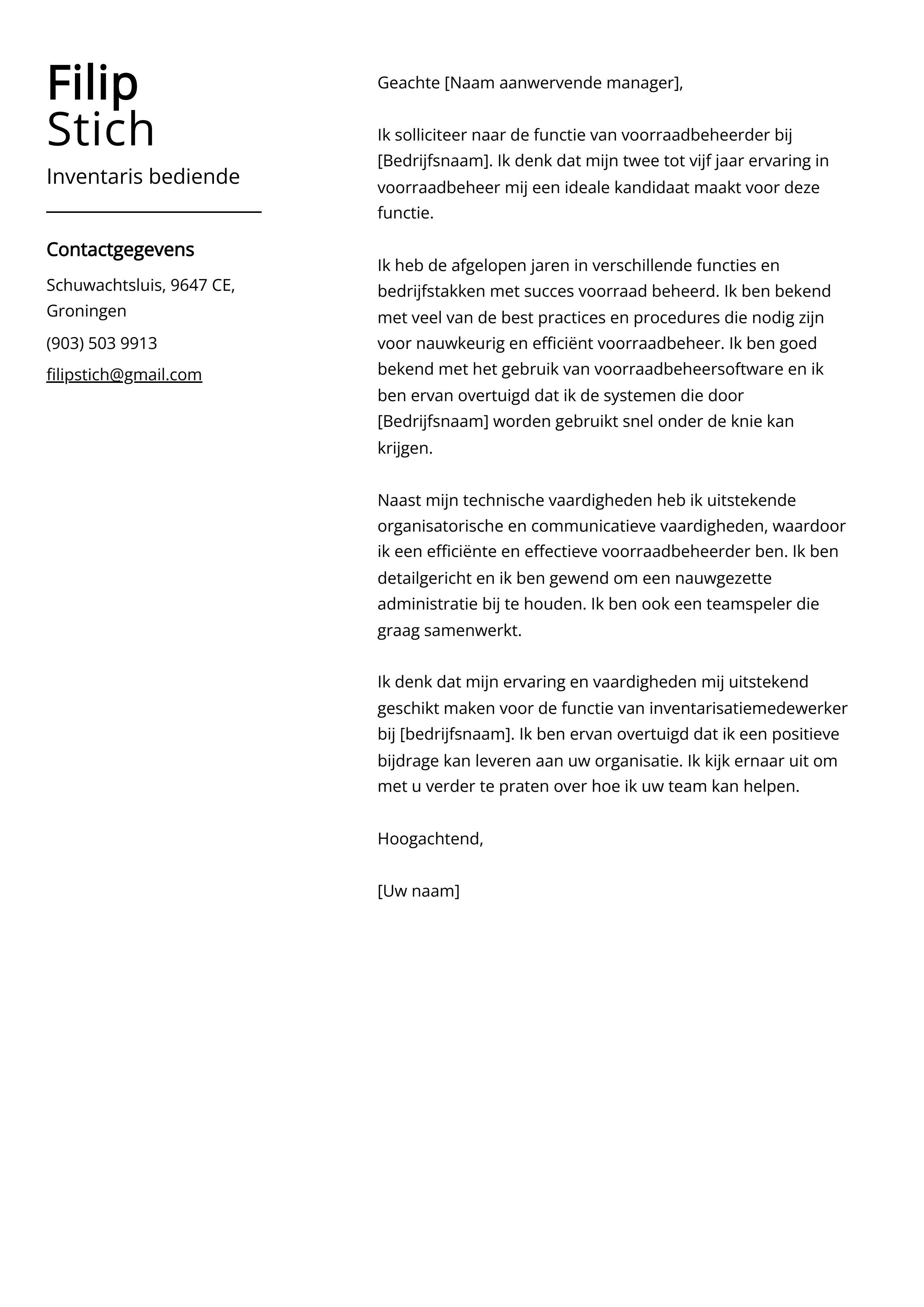 Inventaris bediende Cover Letter Voorbeeld