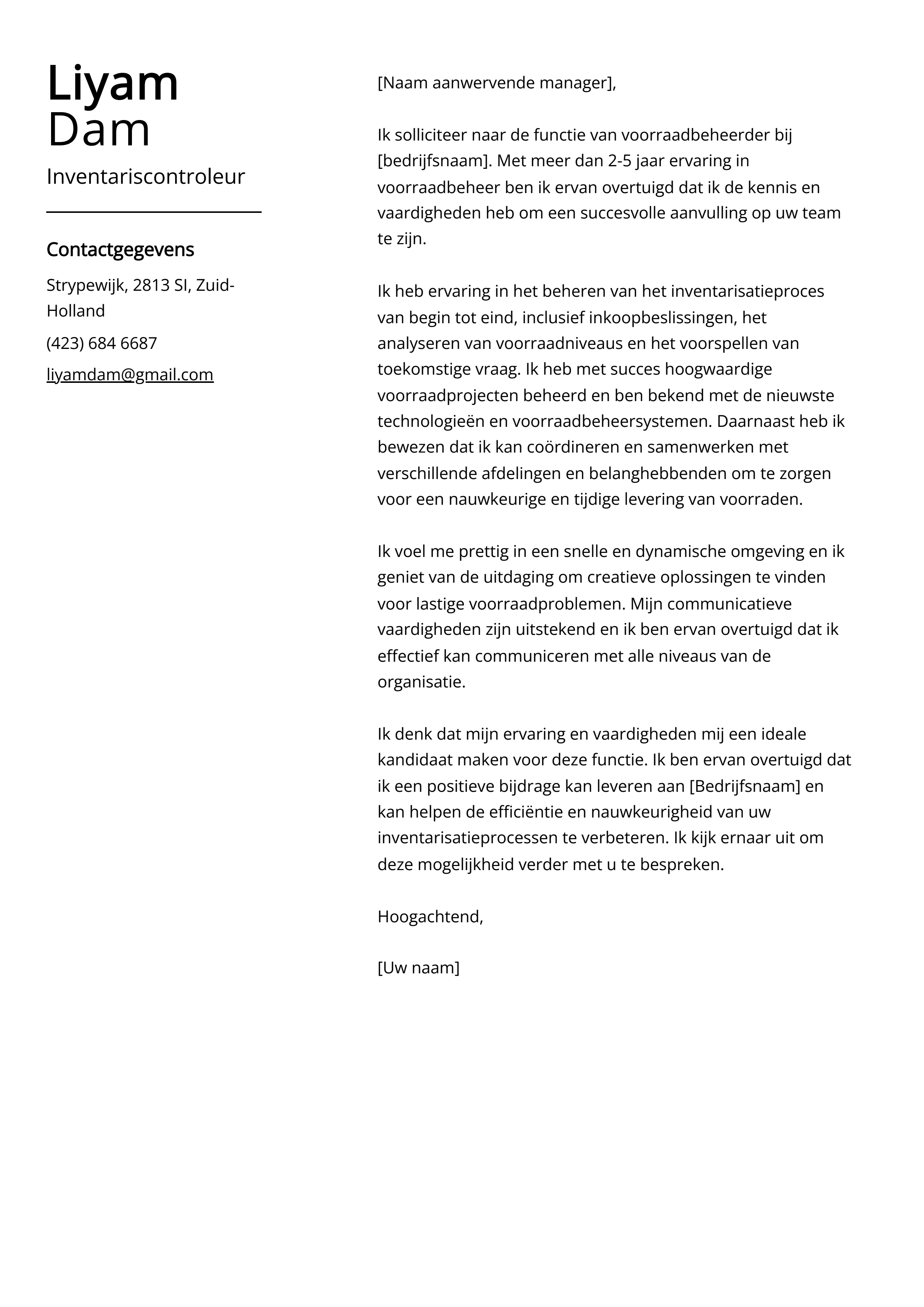 Inventariscontroleur Cover Letter Voorbeeld