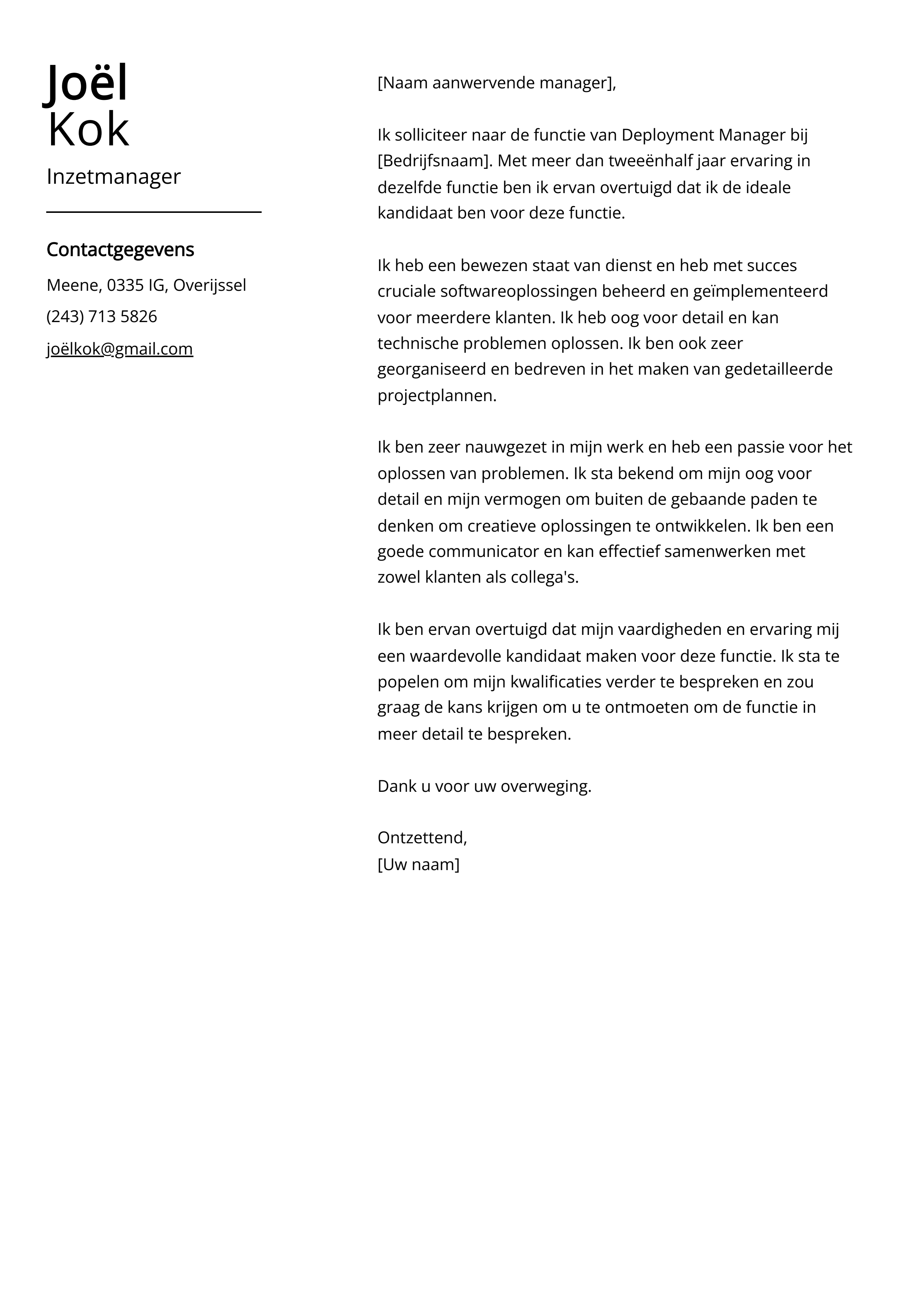 Inzetmanager Sollicitatiebrief Voorbeeld