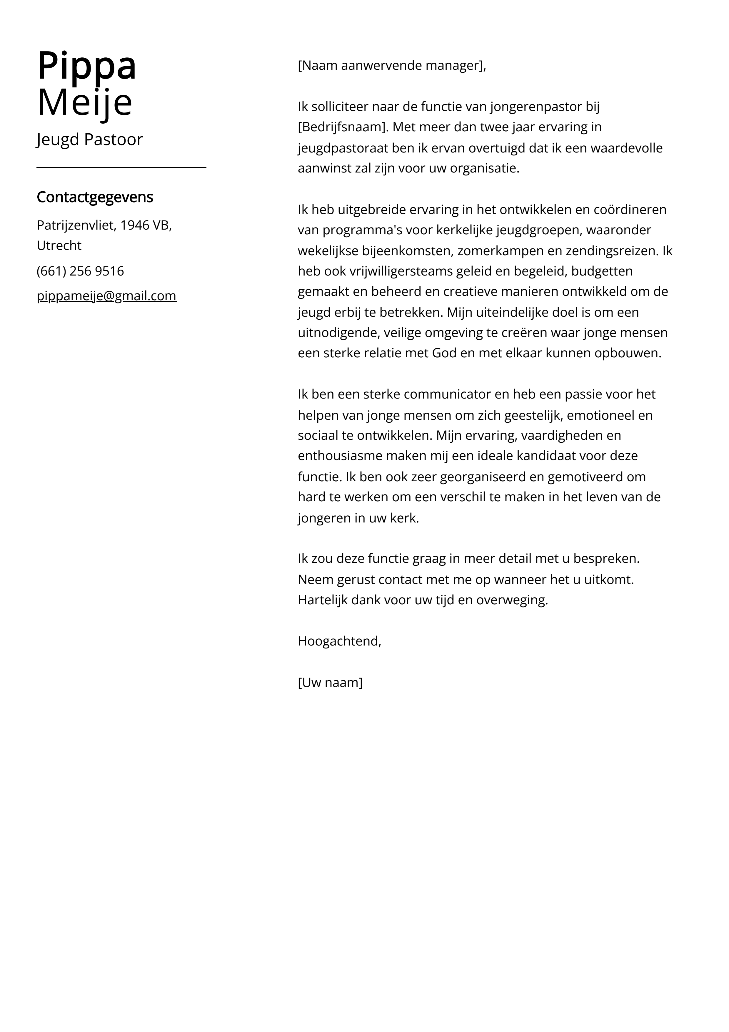 Jeugd Pastoor Sollicitatiebrief Voorbeeld