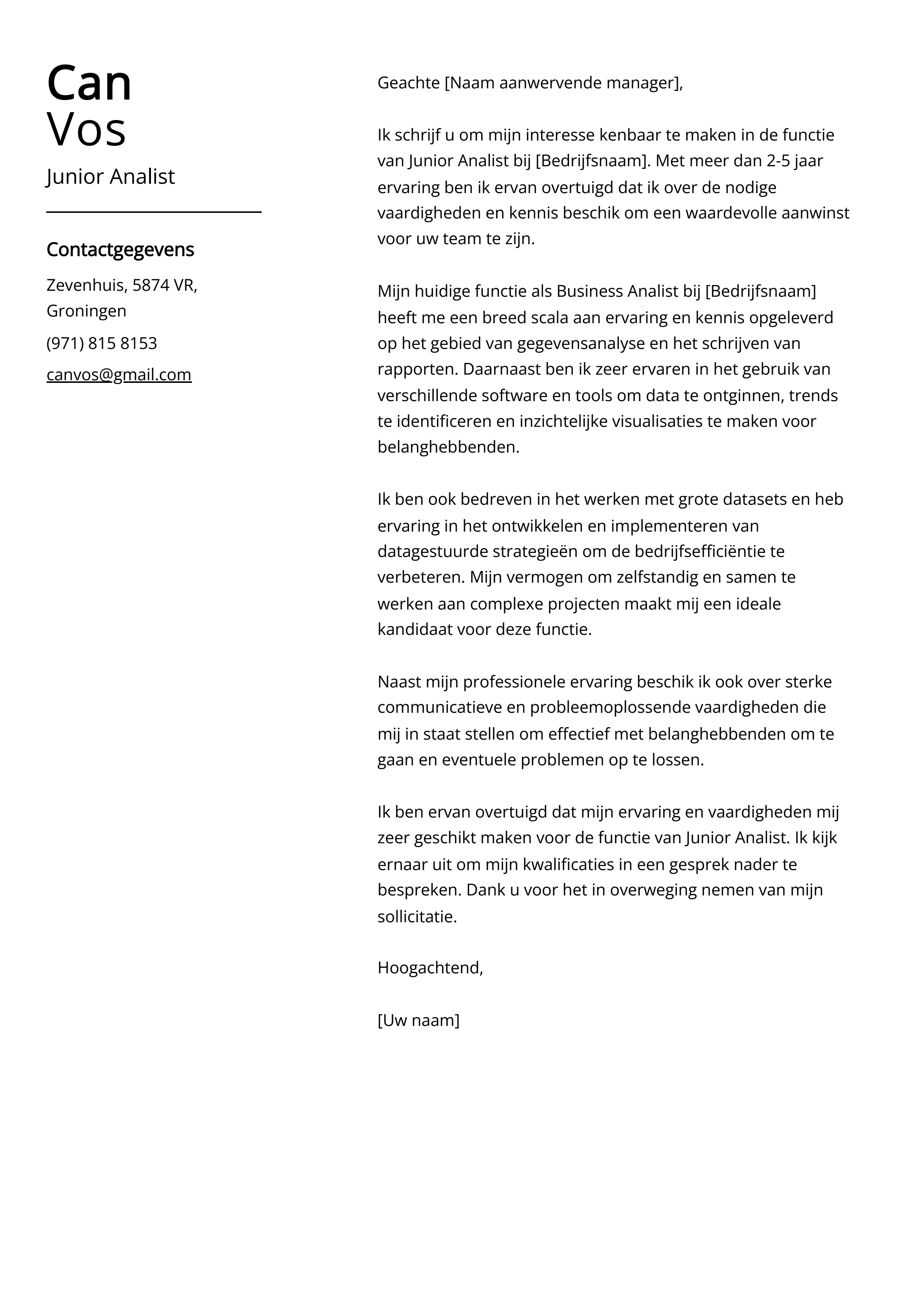 Junior Analist Voorbeeld sollicitatiebrief