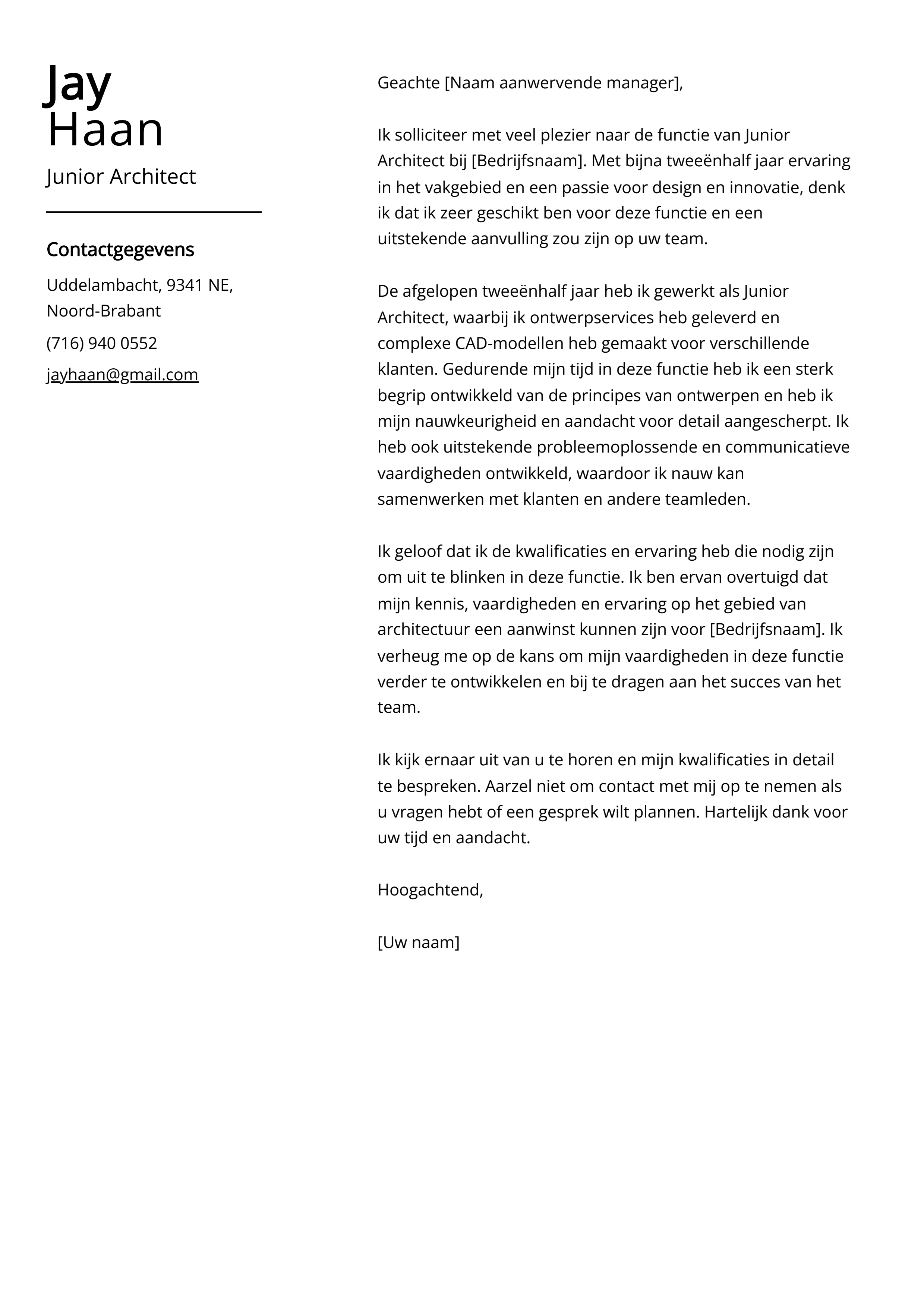 Junior Architect Voorbeeld sollicitatiebrief