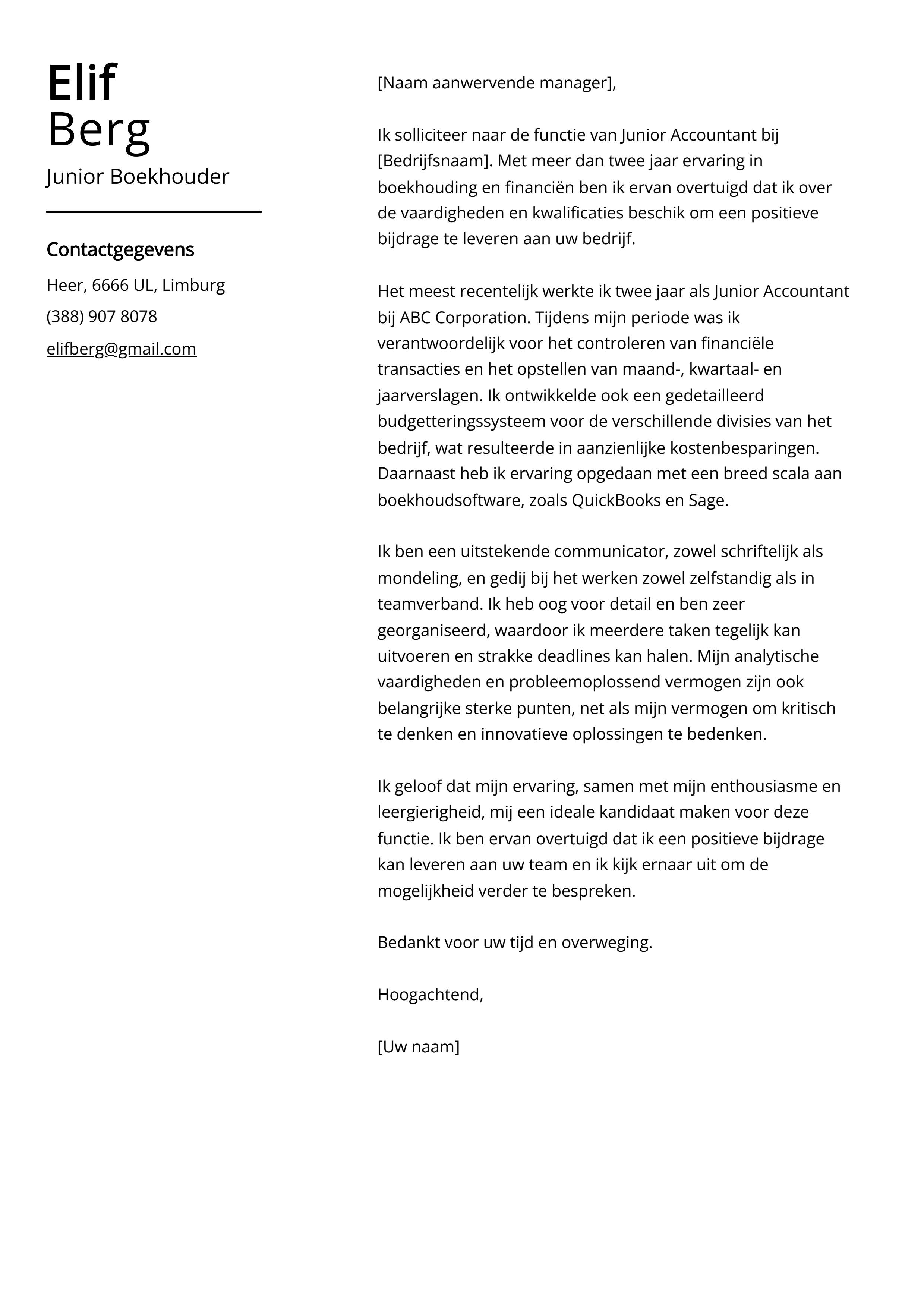 Junior Boekhouder Sollicitatiebrief Voorbeeld