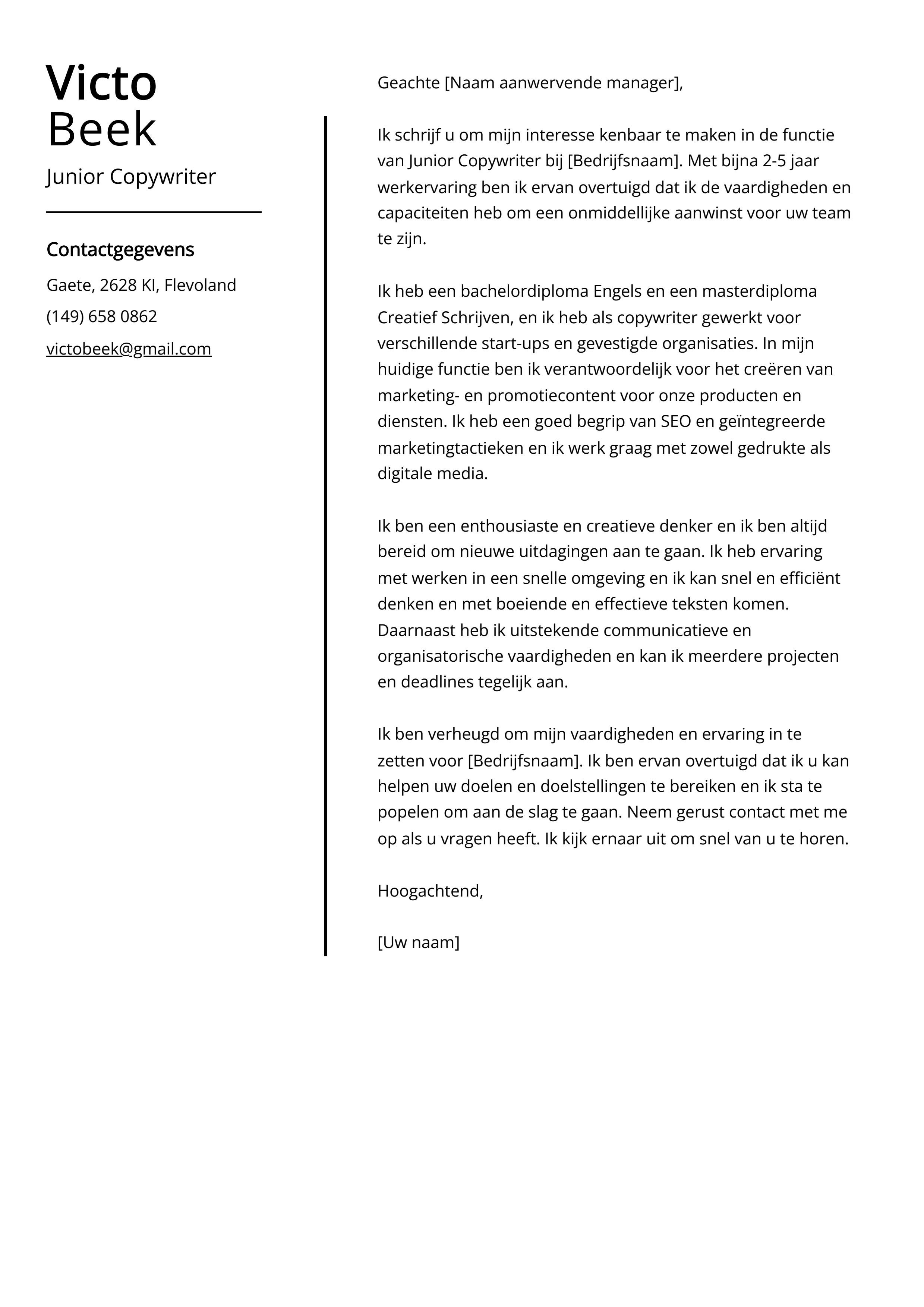 Junior Copywriter Voorbeeld sollicitatiebrief