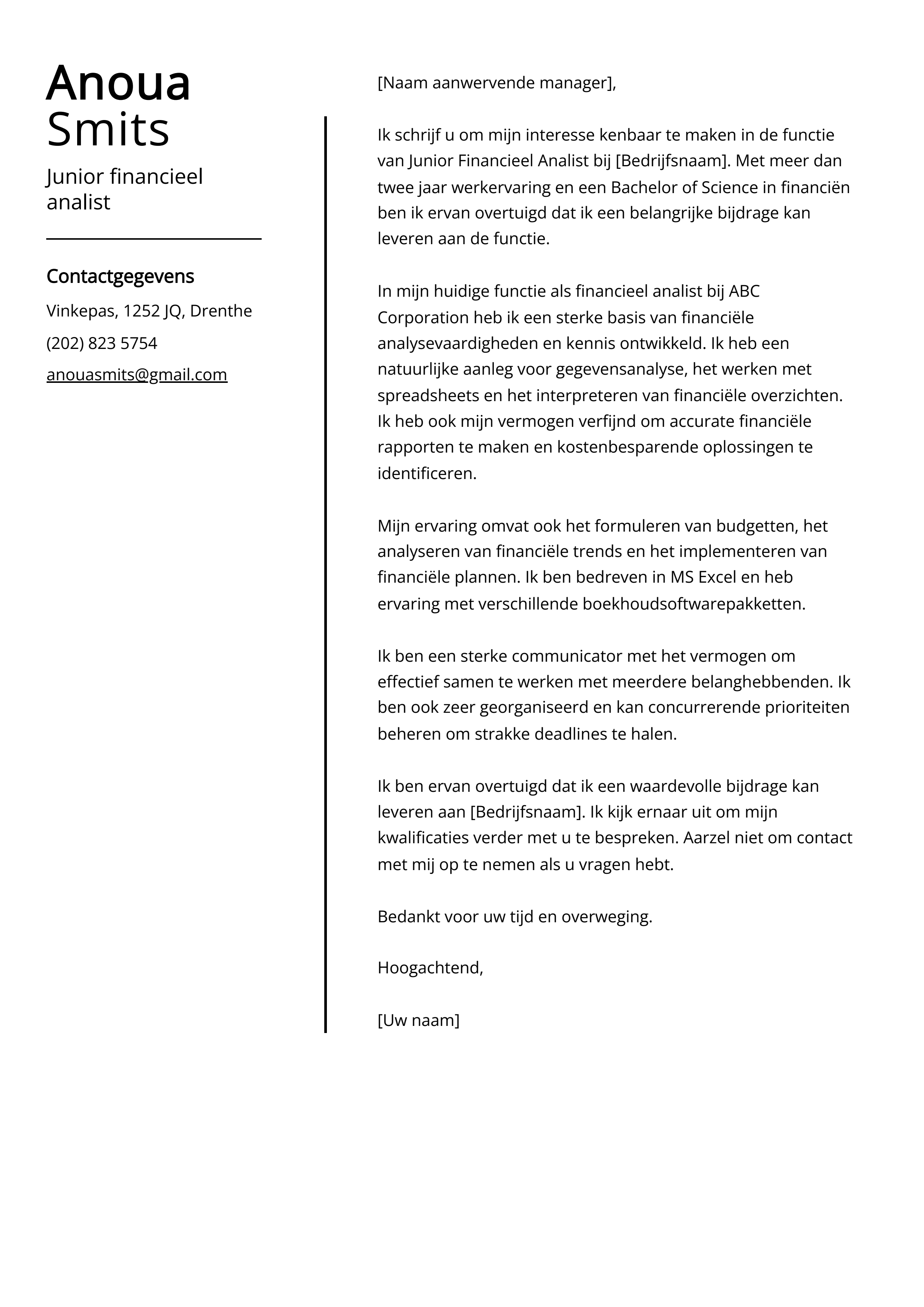 Junior financieel analist Voorbeeld sollicitatiebrief