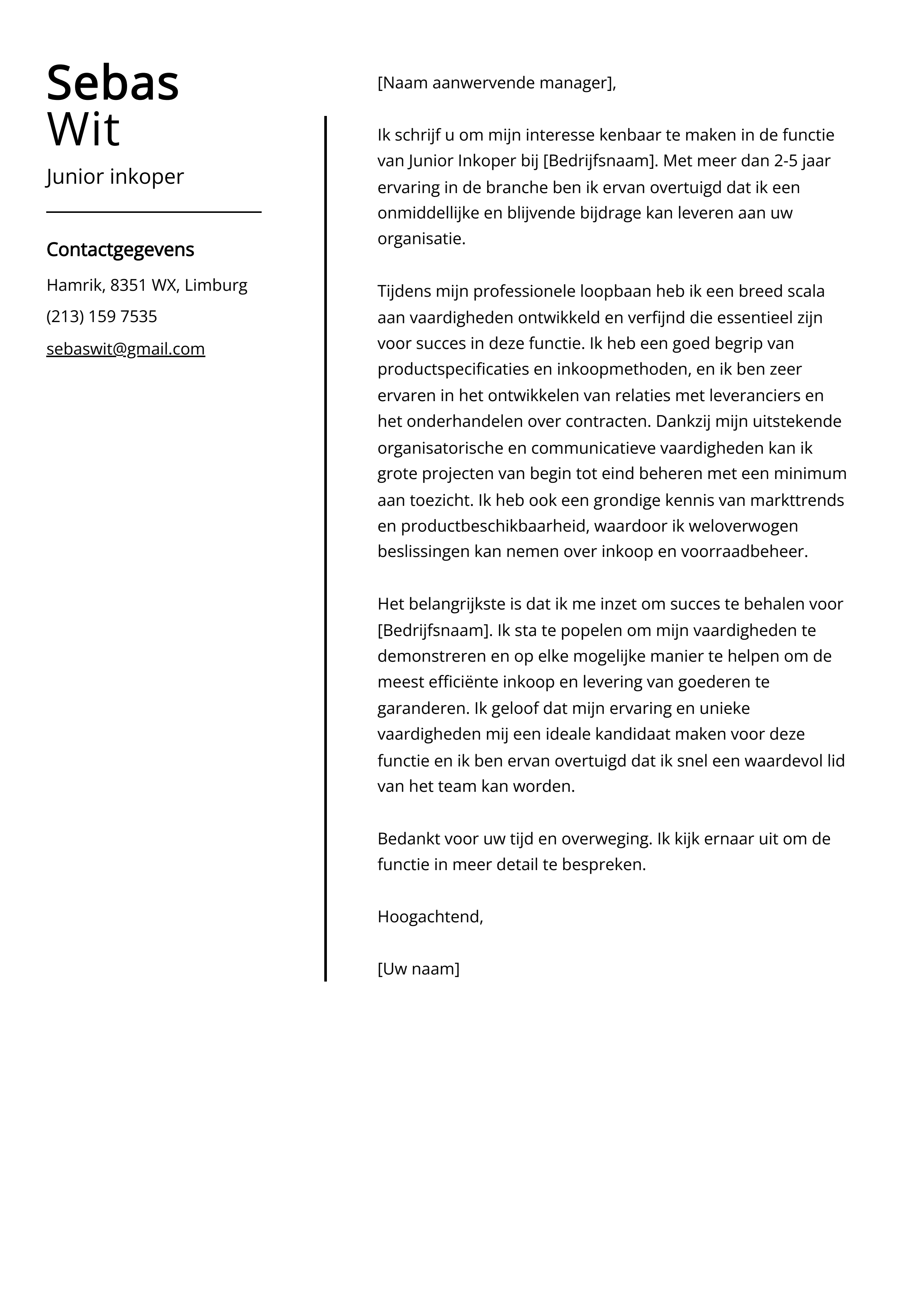 Junior inkoper Sollicitatiebrief Voorbeeld