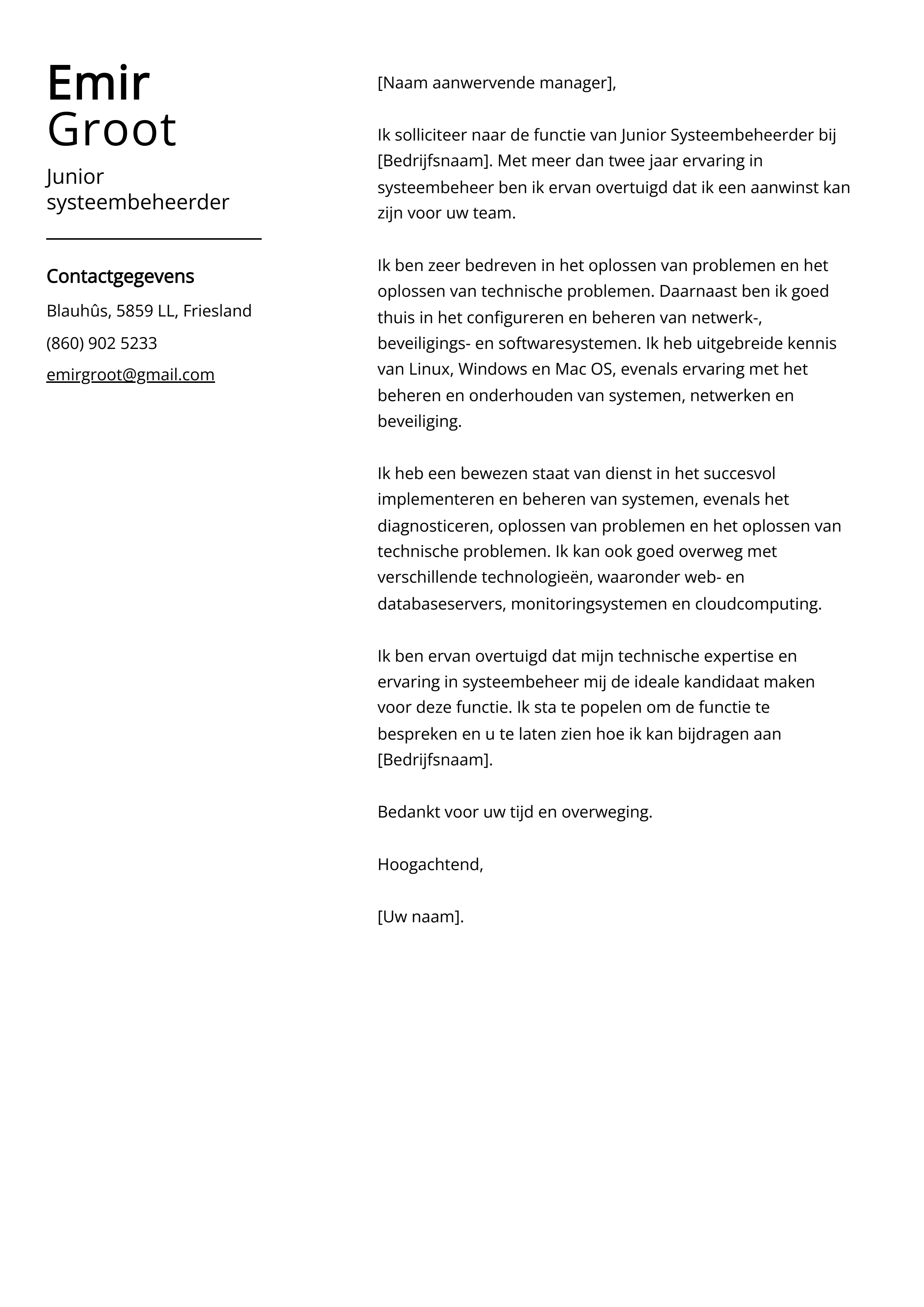 Junior systeembeheerder Sollicitatiebrief Voorbeeld