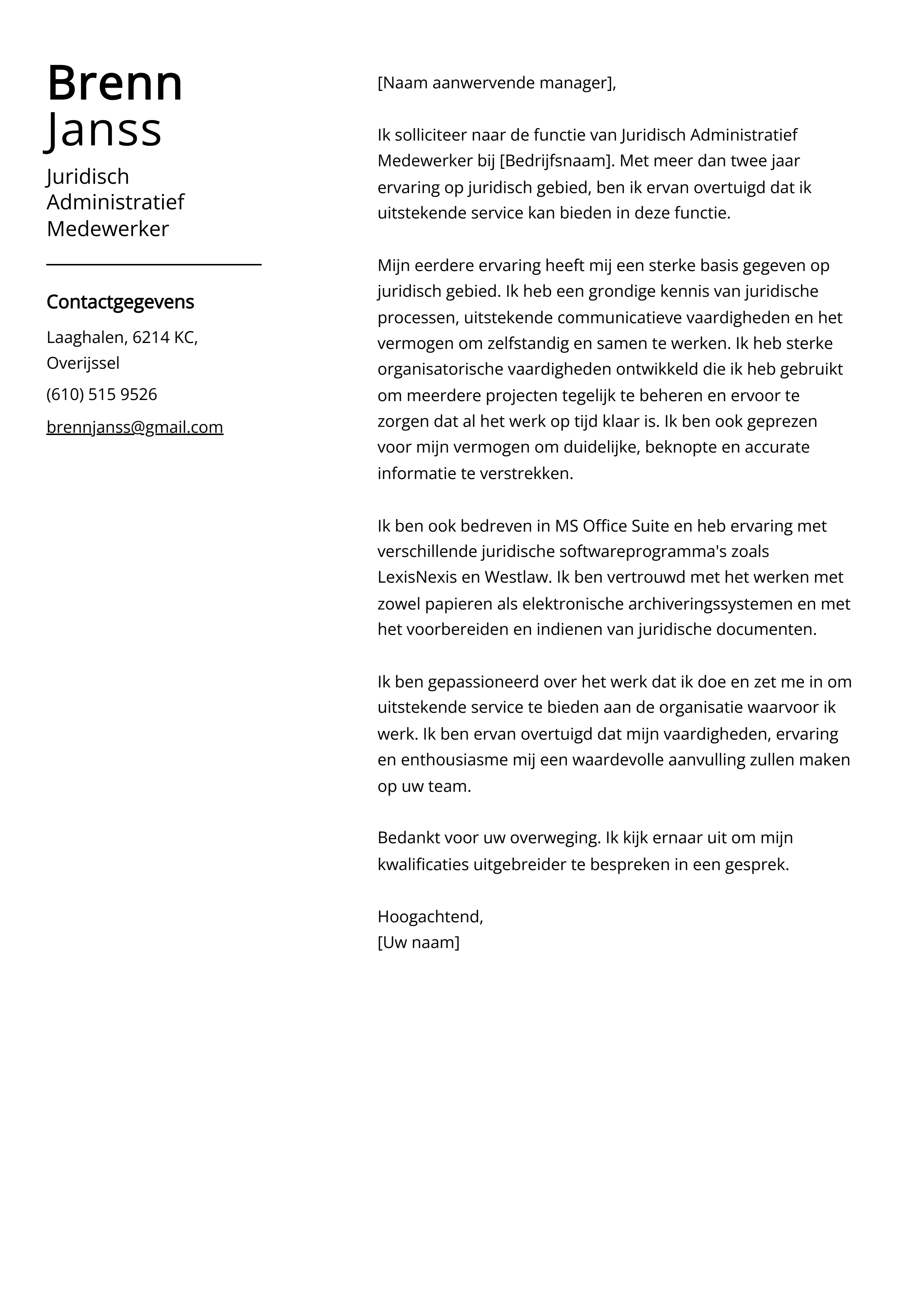 Juridisch Administratief Medewerker Sollicitatiebrief Voorbeeld