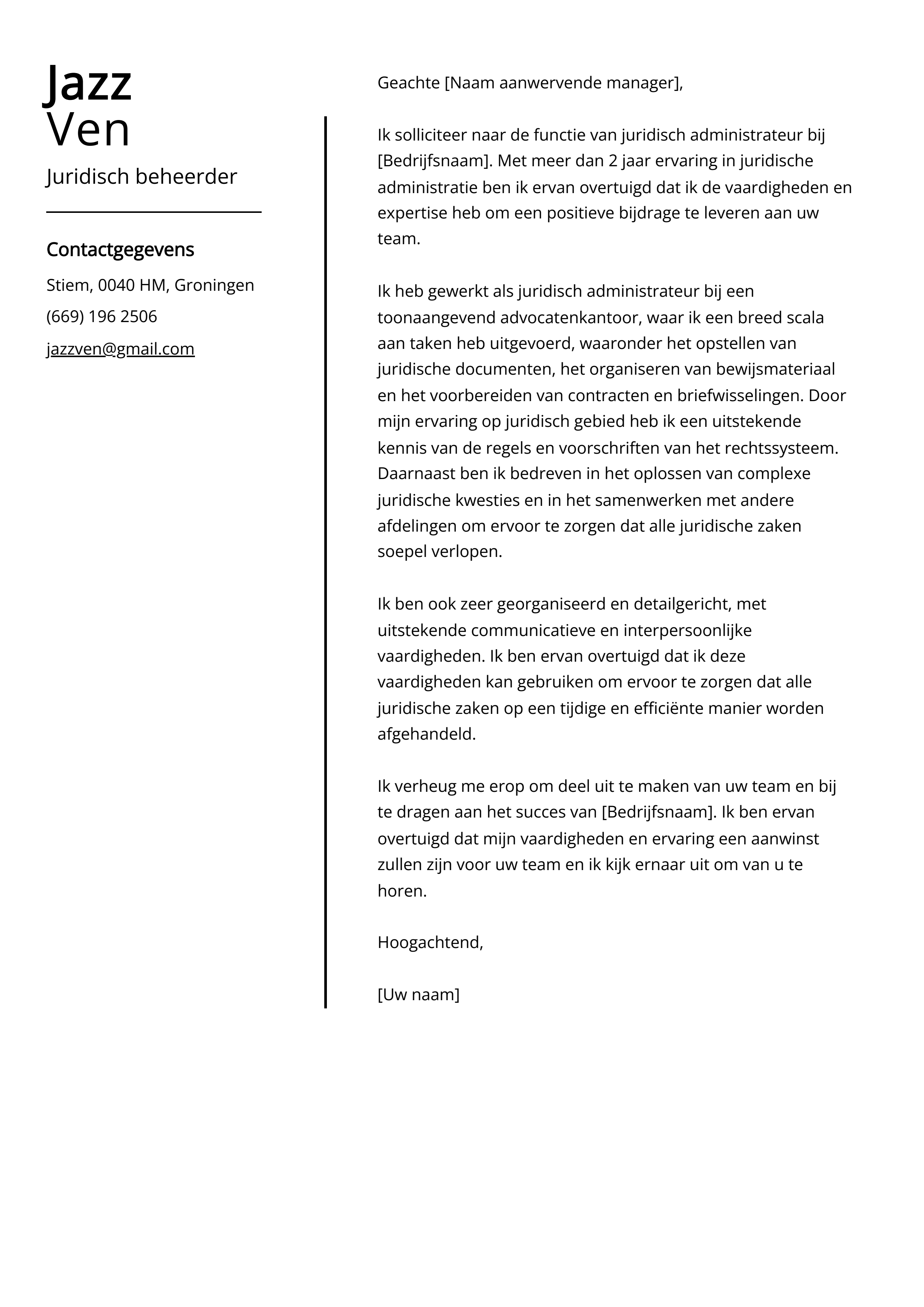 Juridisch beheerder Cover Letter Voorbeeld