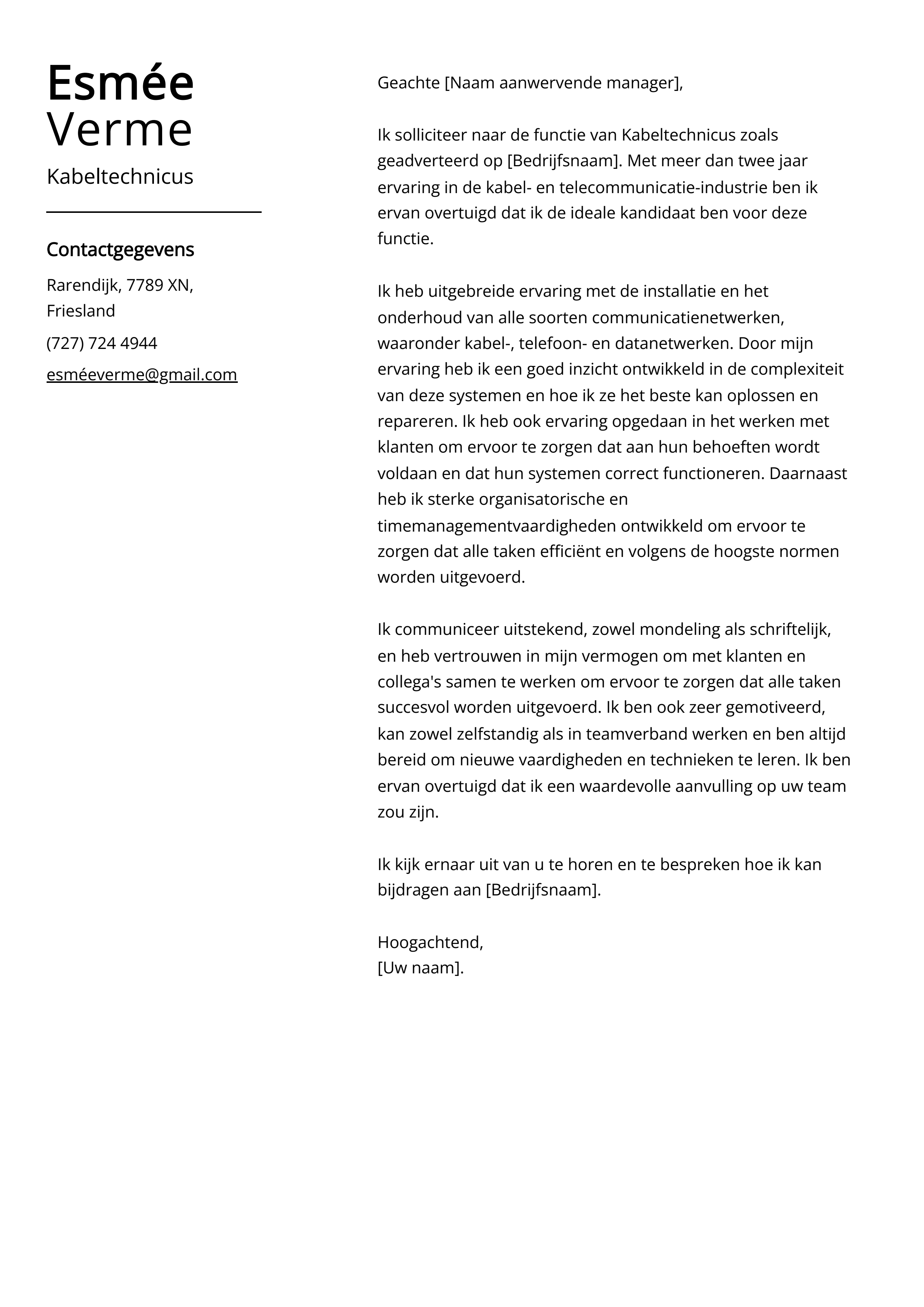 Kabeltechnicus Sollicitatiebrief Voorbeeld