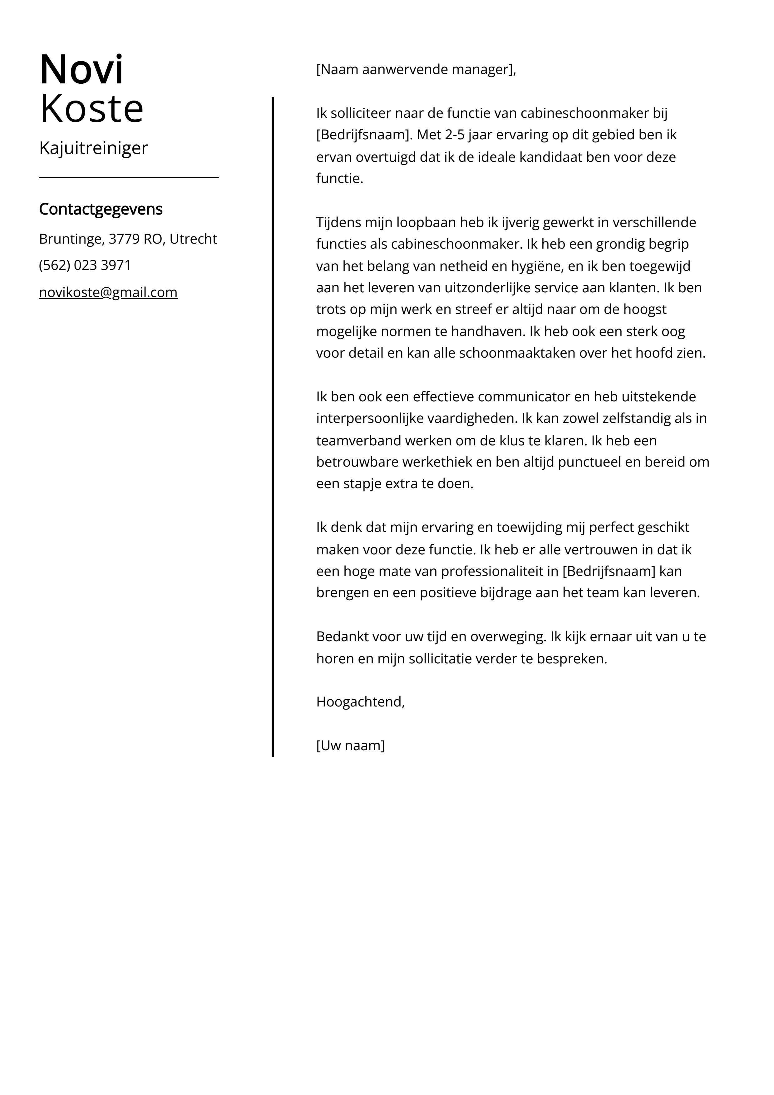 Kajuitreiniger Sollicitatiebrief Voorbeeld