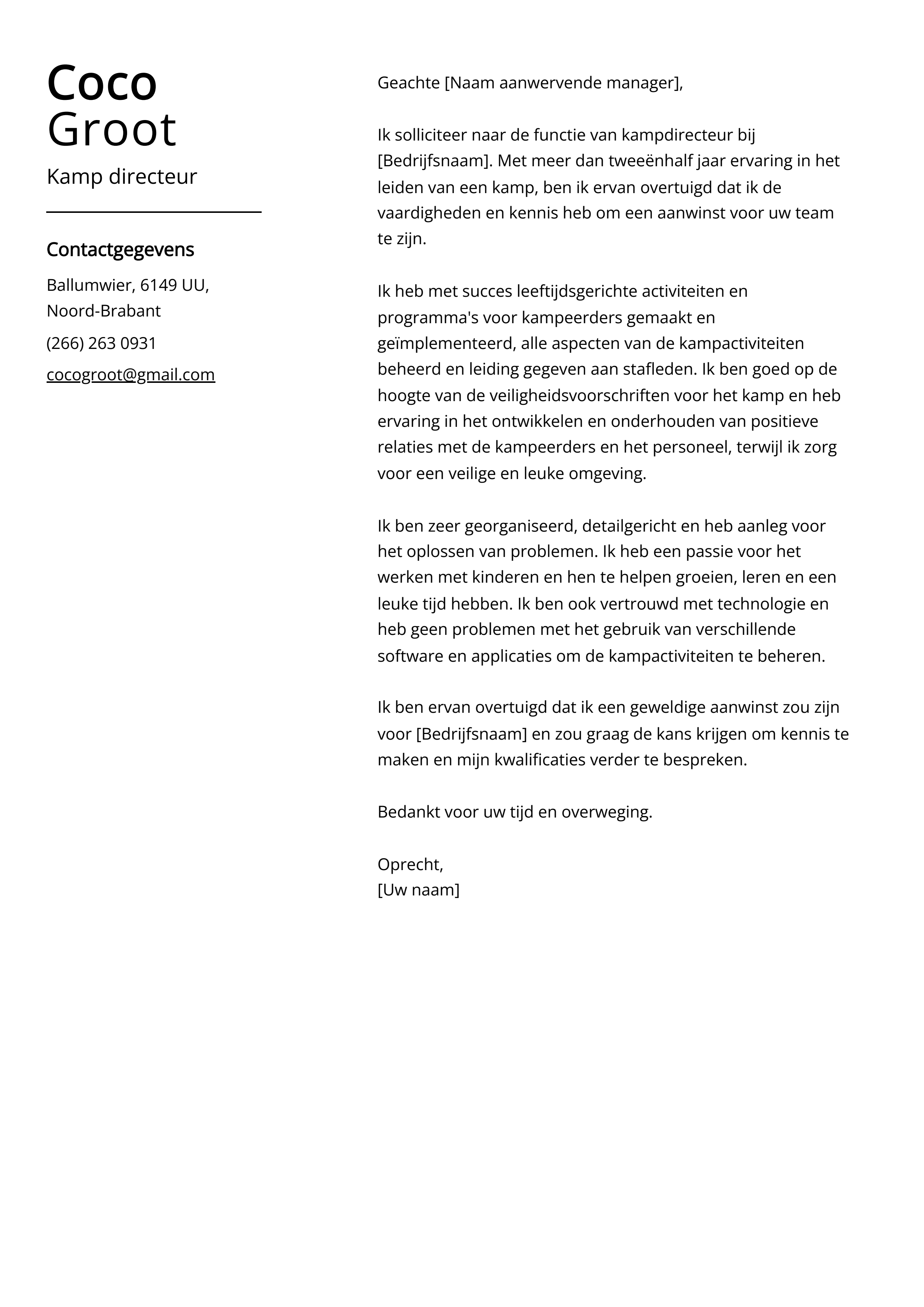 Kamp directeur Sollicitatiebrief Voorbeeld