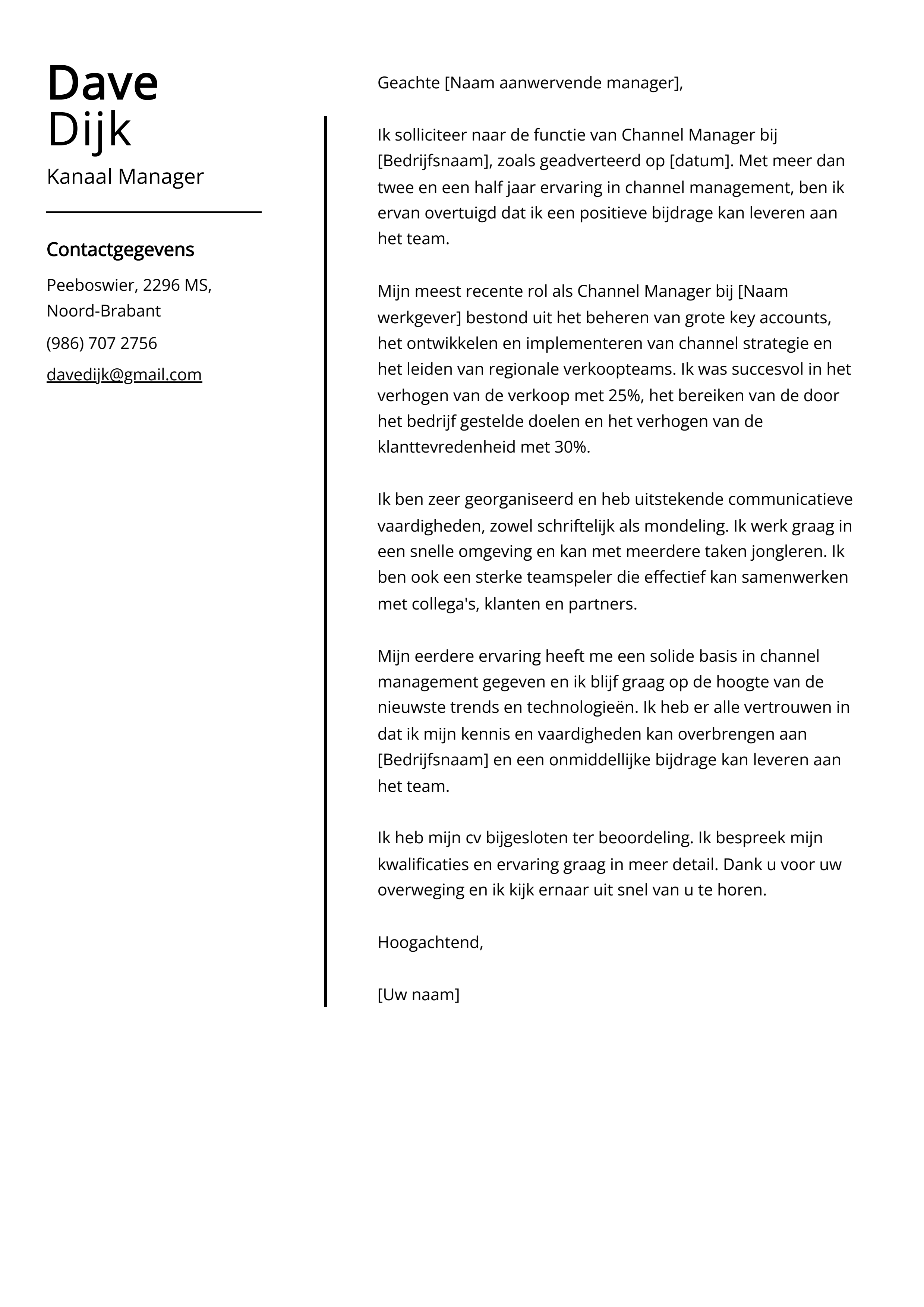 Kanaal Manager Sollicitatiebrief Voorbeeld