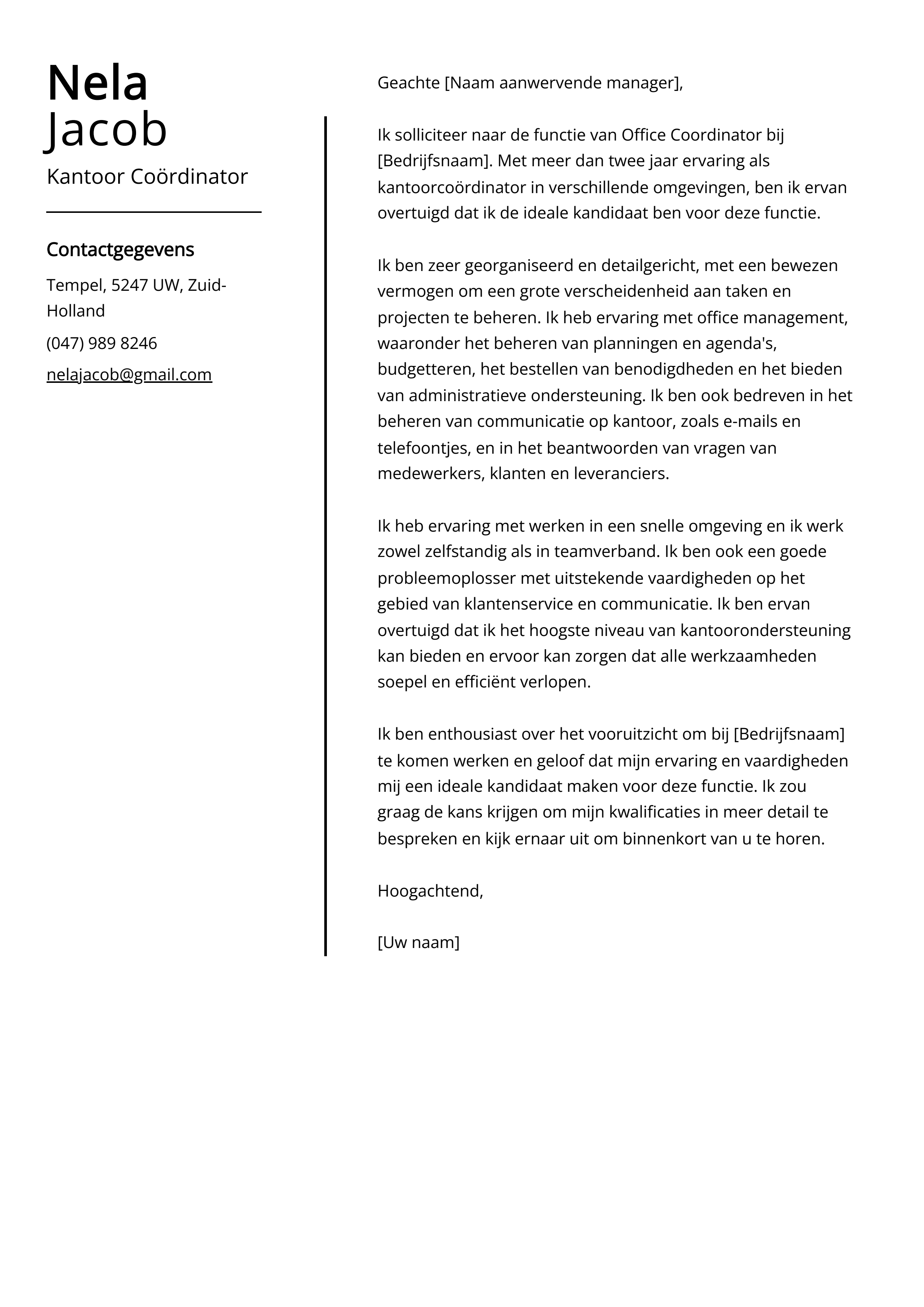 Kantoor Coördinator Cover Letter Voorbeeld