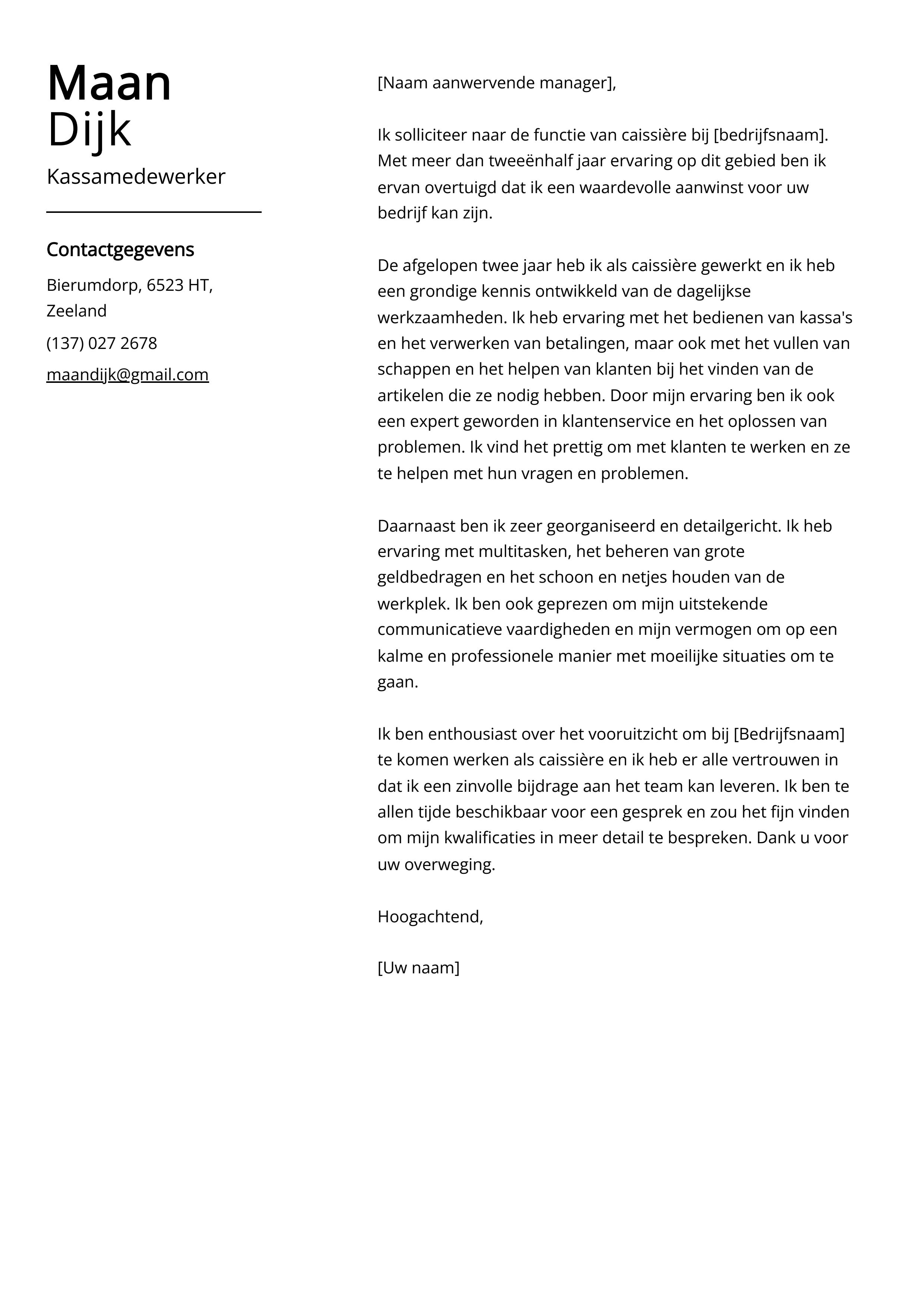 Kassamedewerker Sollicitatiebrief Voorbeeld