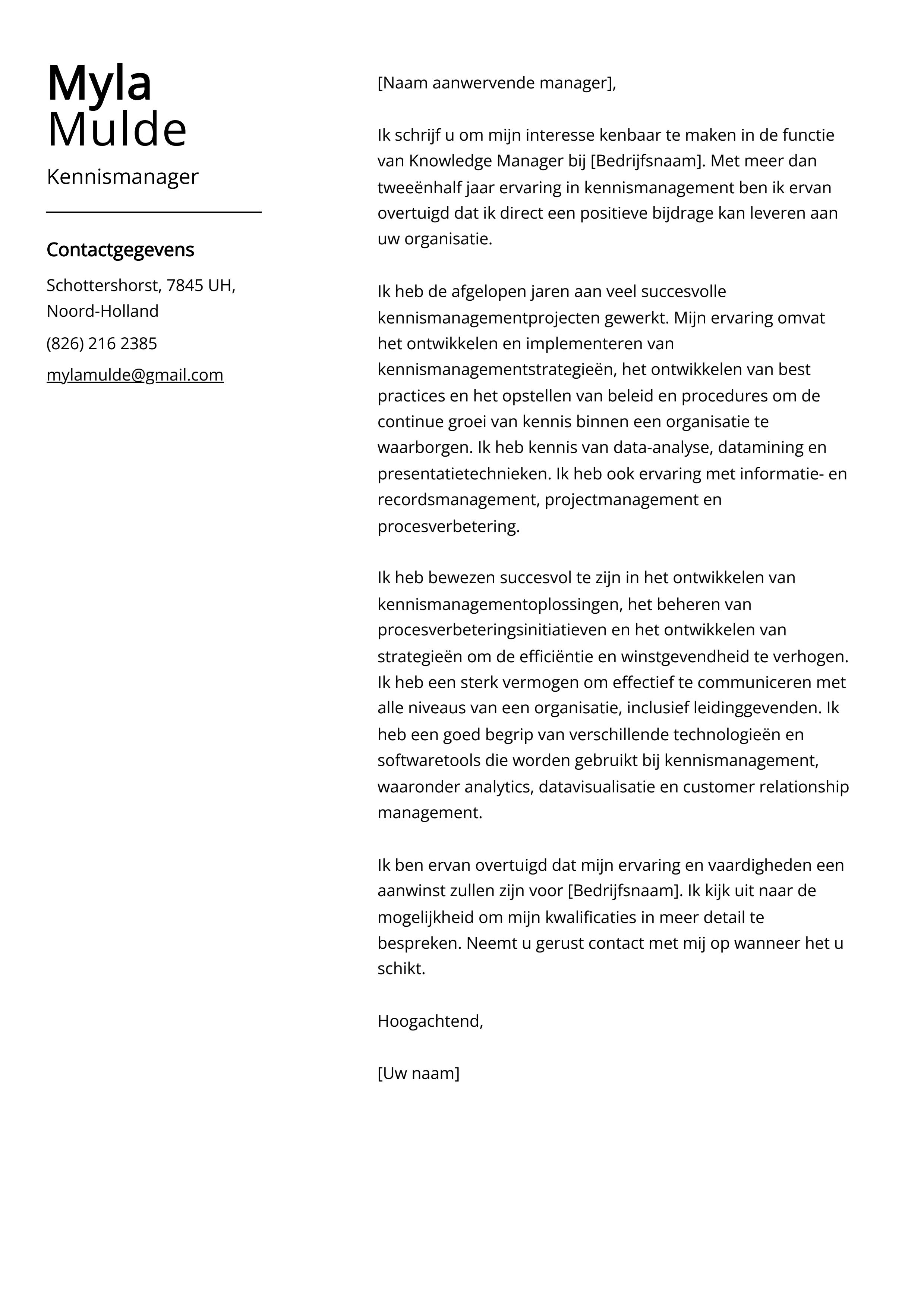 Kennismanager Sollicitatiebrief Voorbeeld