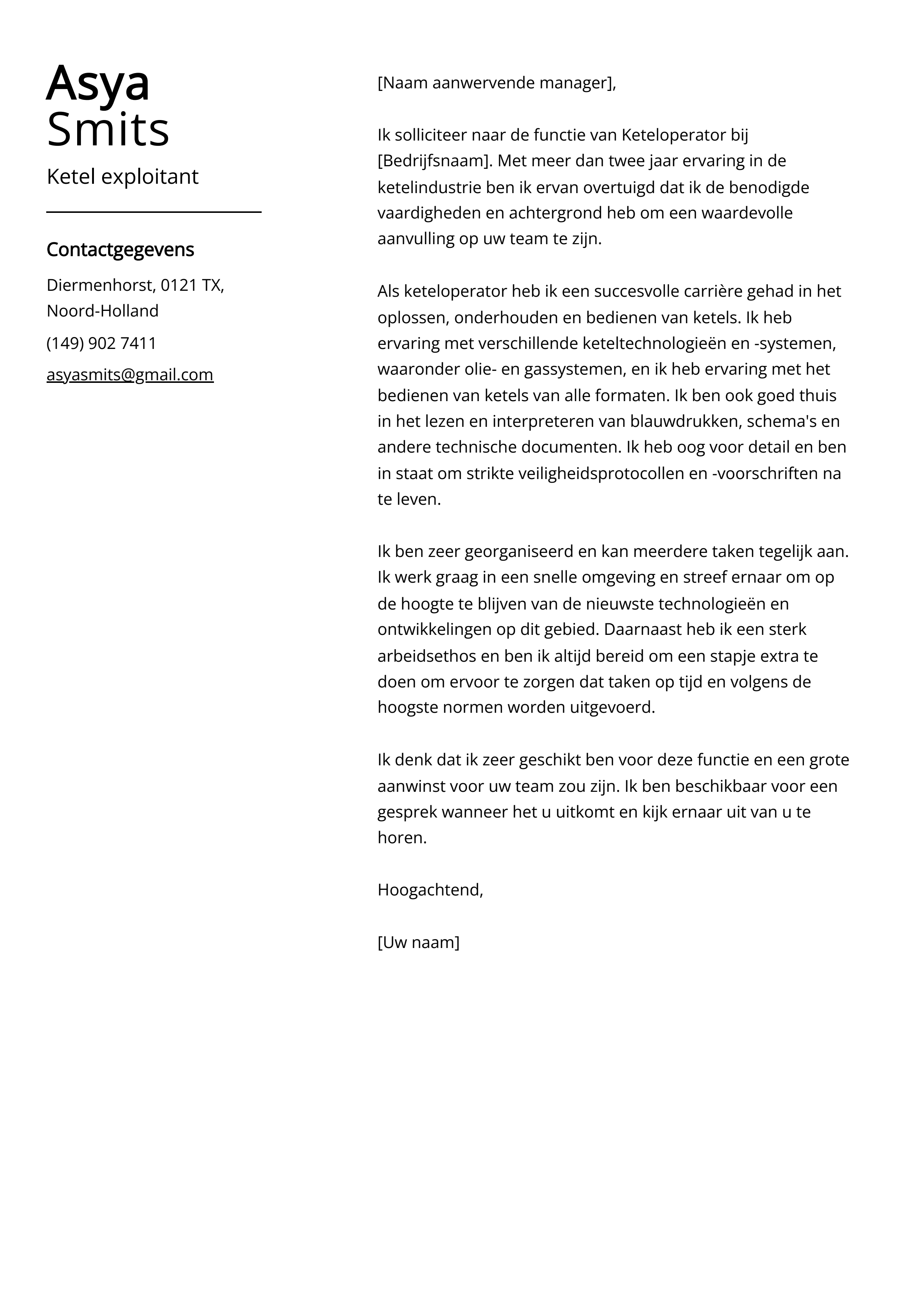 Ketel exploitant Voorbeeld sollicitatiebrief