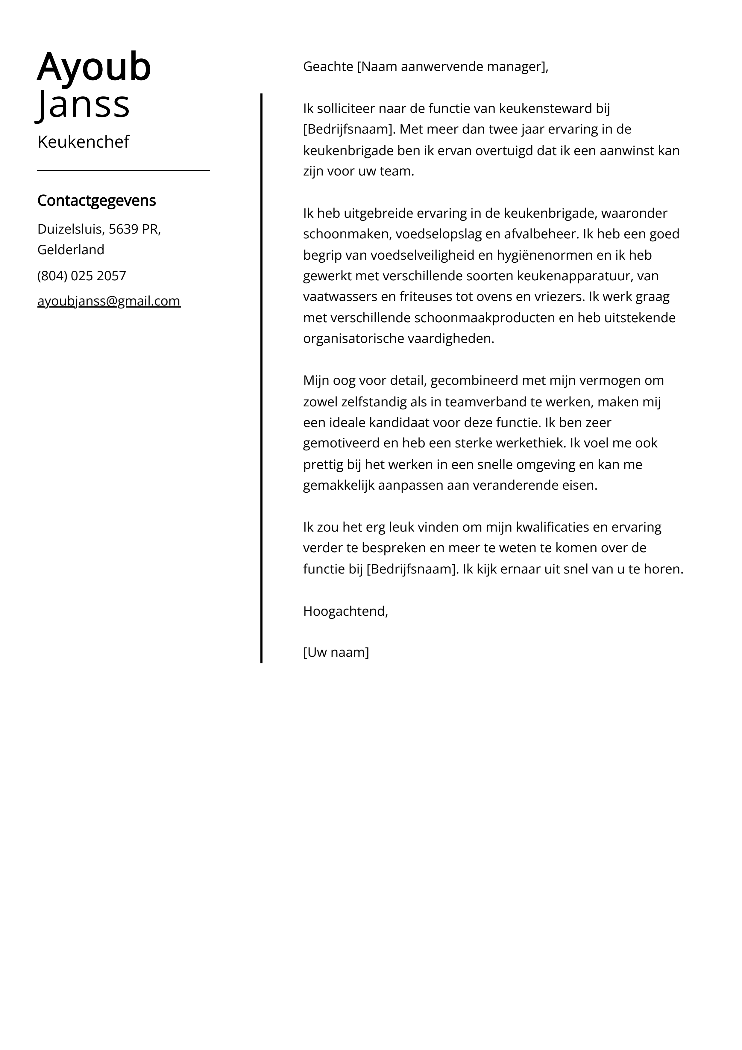 Keukenchef sollicitatiebrief voorbeeld