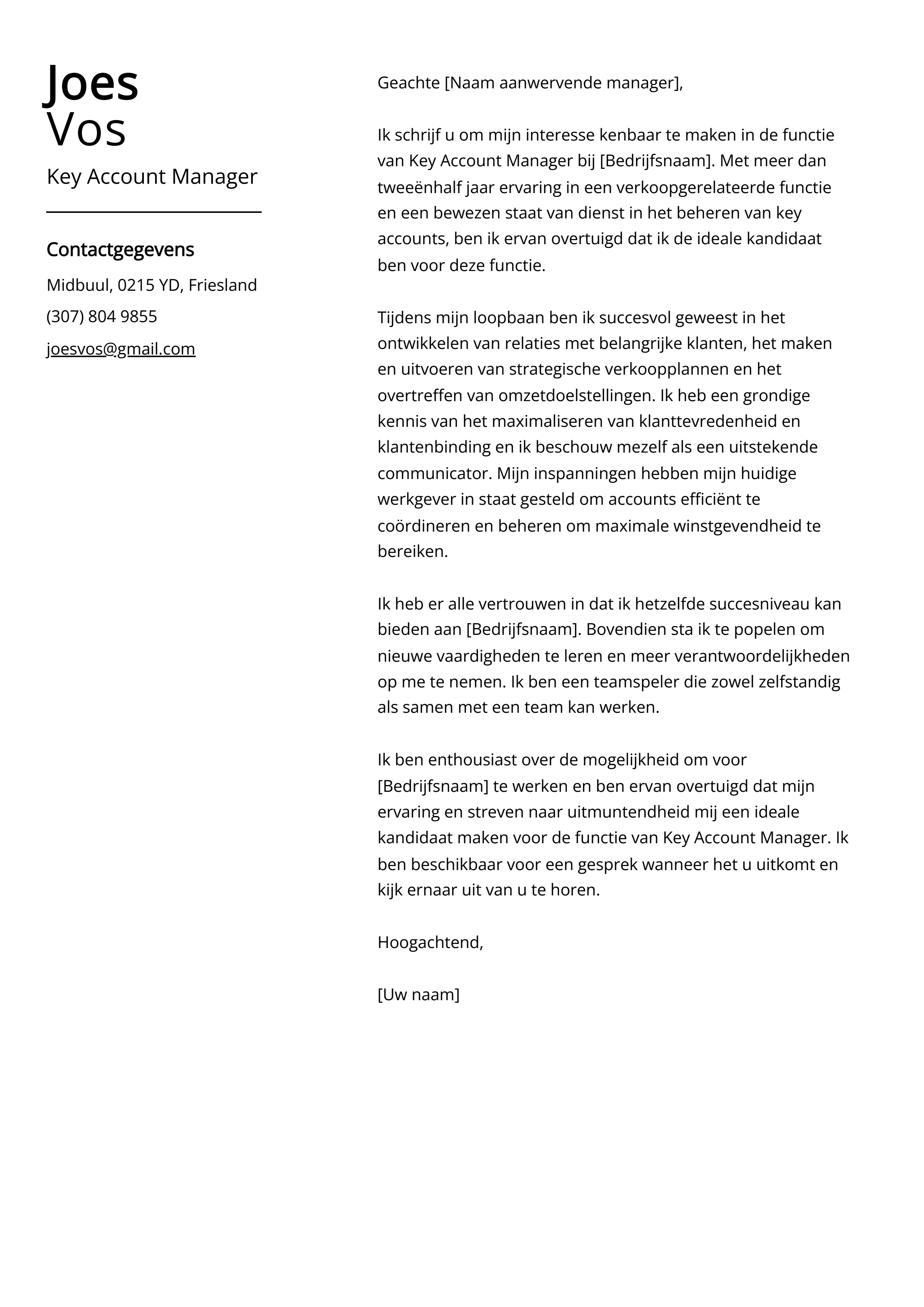 Key Account Manager Voorbeeld sollicitatiebrief