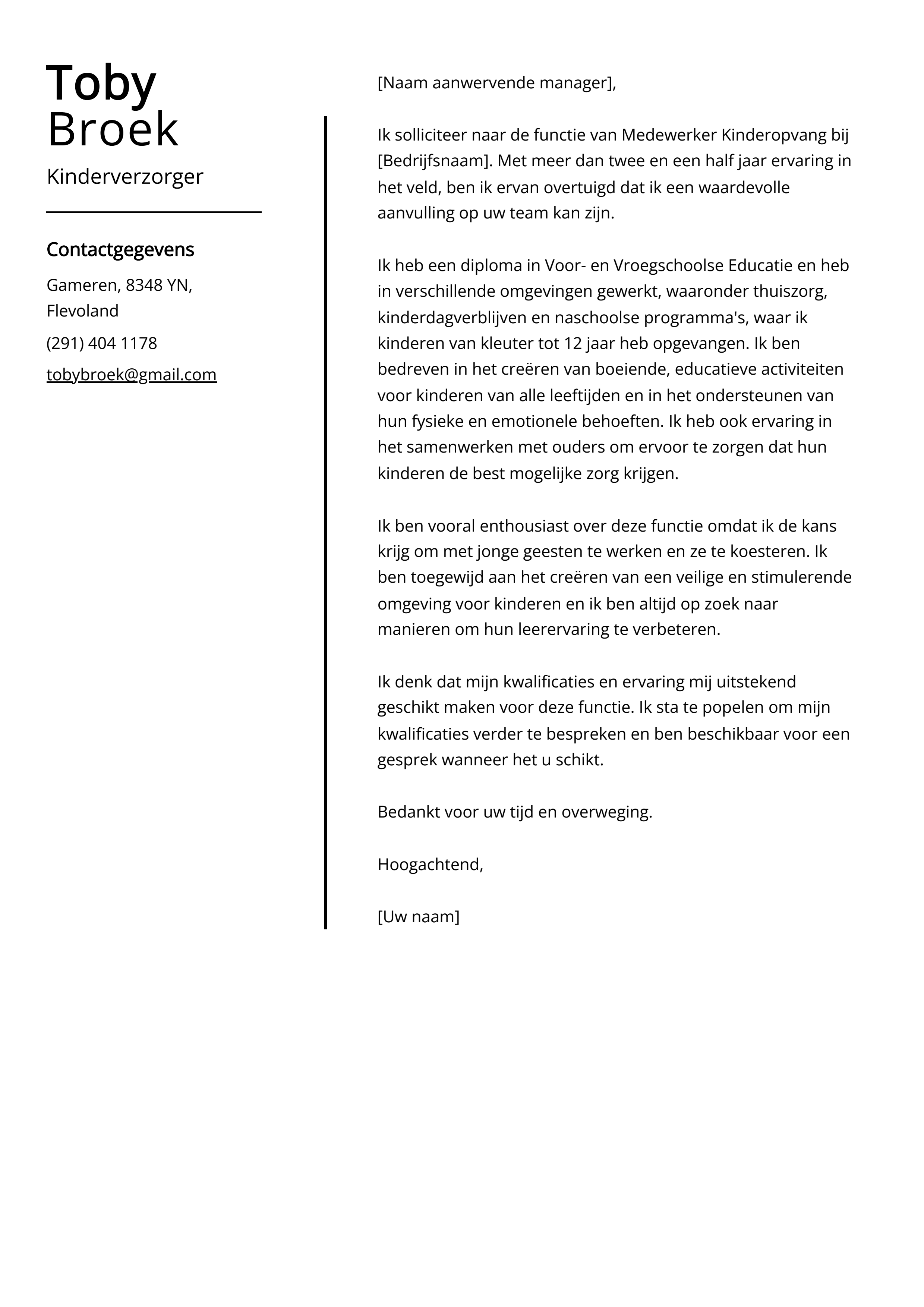 Kinderverzorger Sollicitatiebrief Voorbeeld