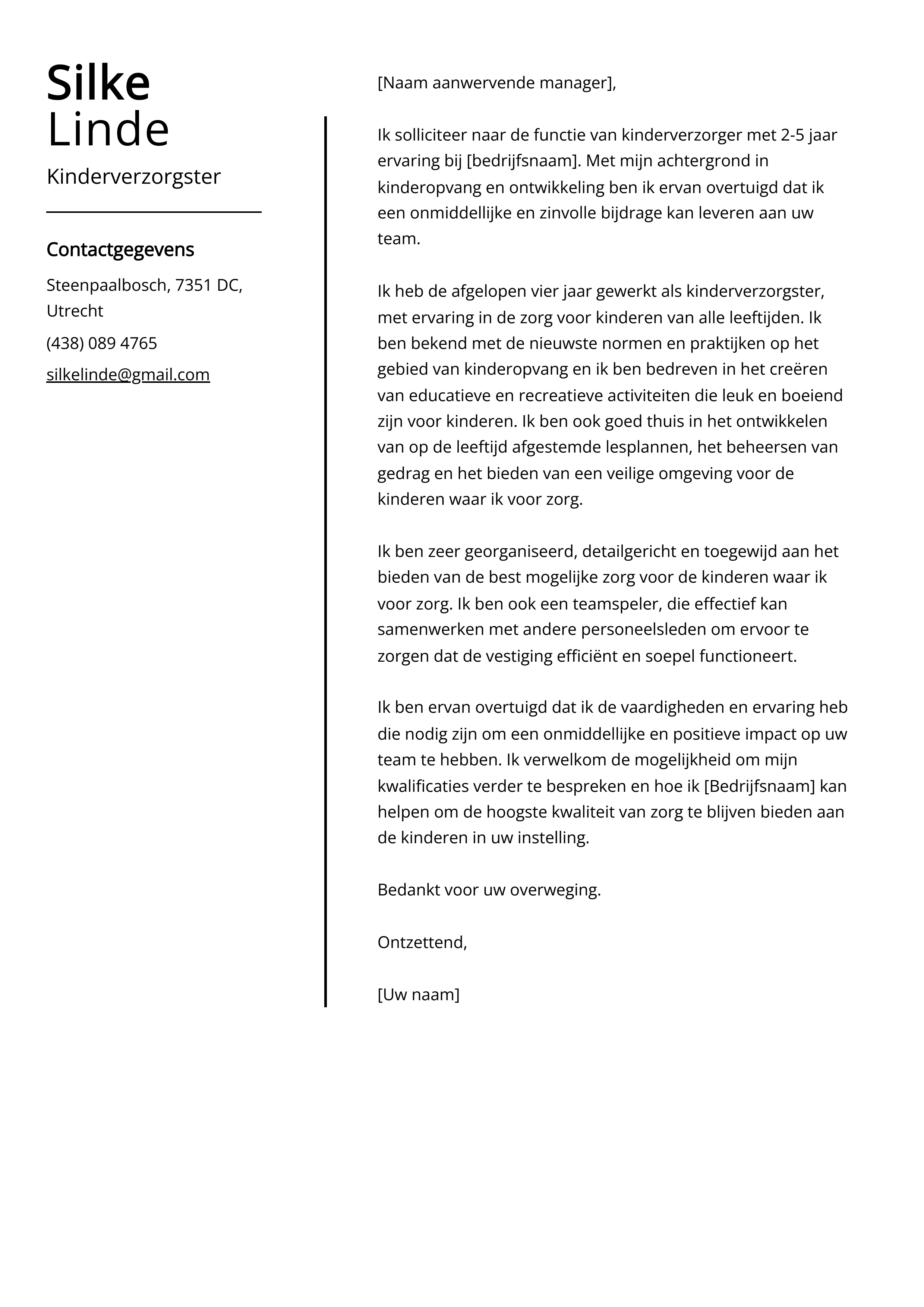 Kinderverzorgster Sollicitatiebrief Voorbeeld