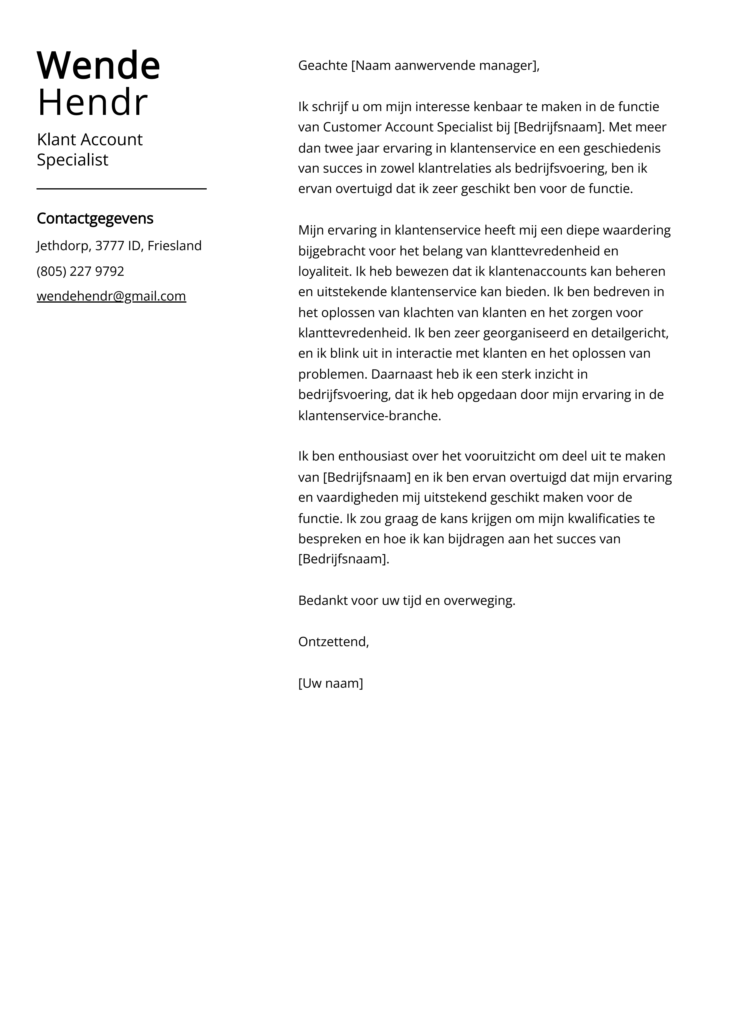 Klant Account Specialist Sollicitatiebrief Voorbeeld