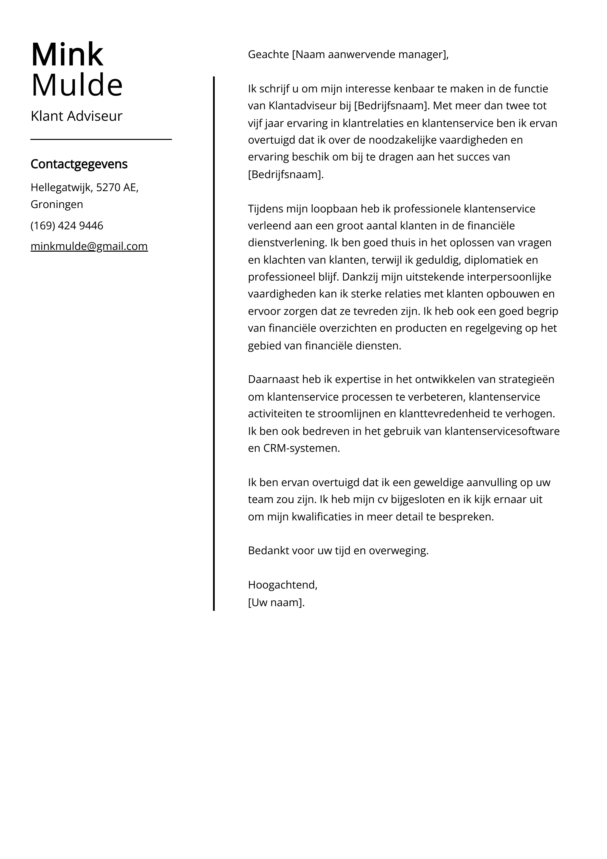 Klant Adviseur Sollicitatiebrief Voorbeeld