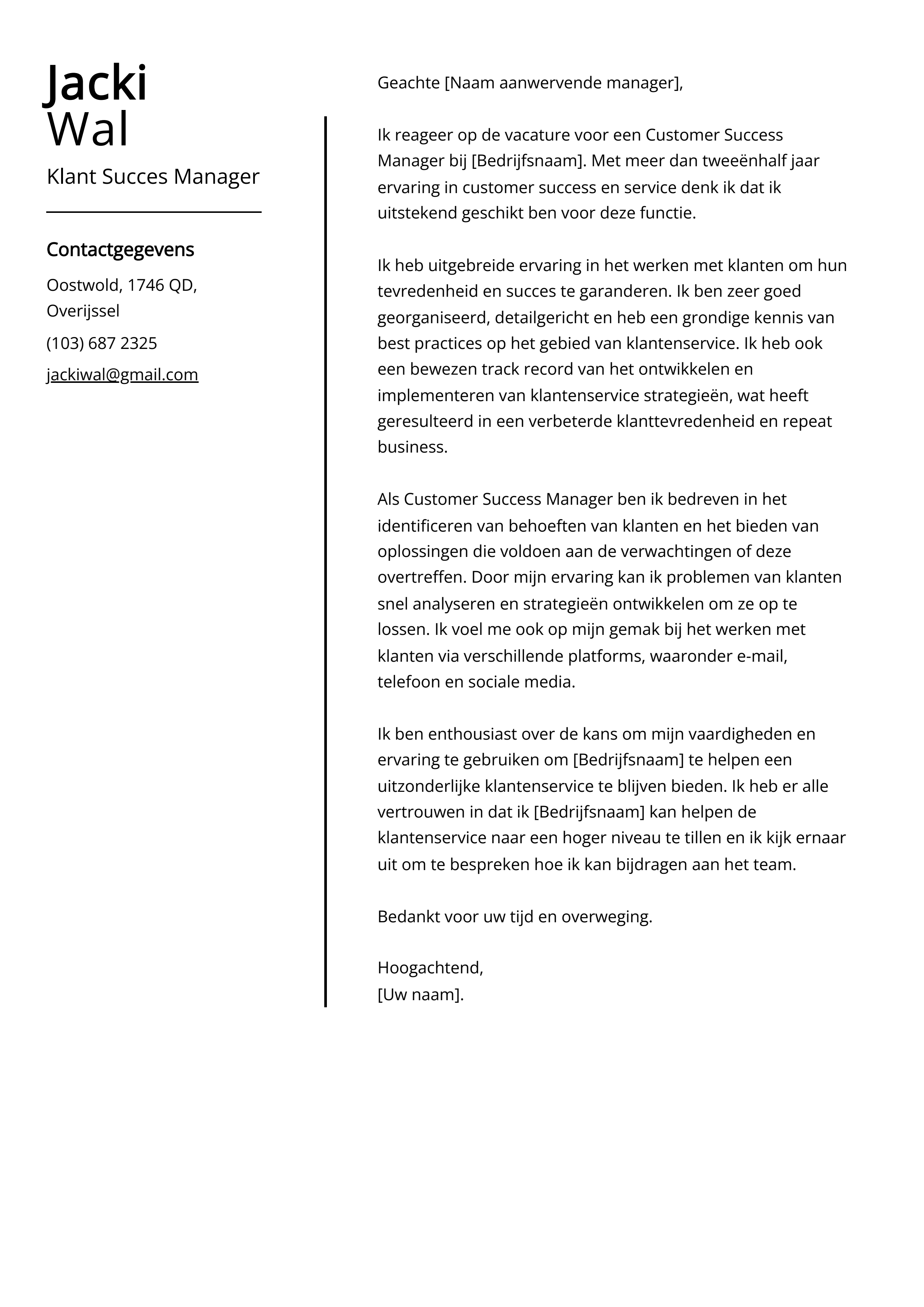 Klant Succes Manager Sollicitatiebrief Voorbeeld