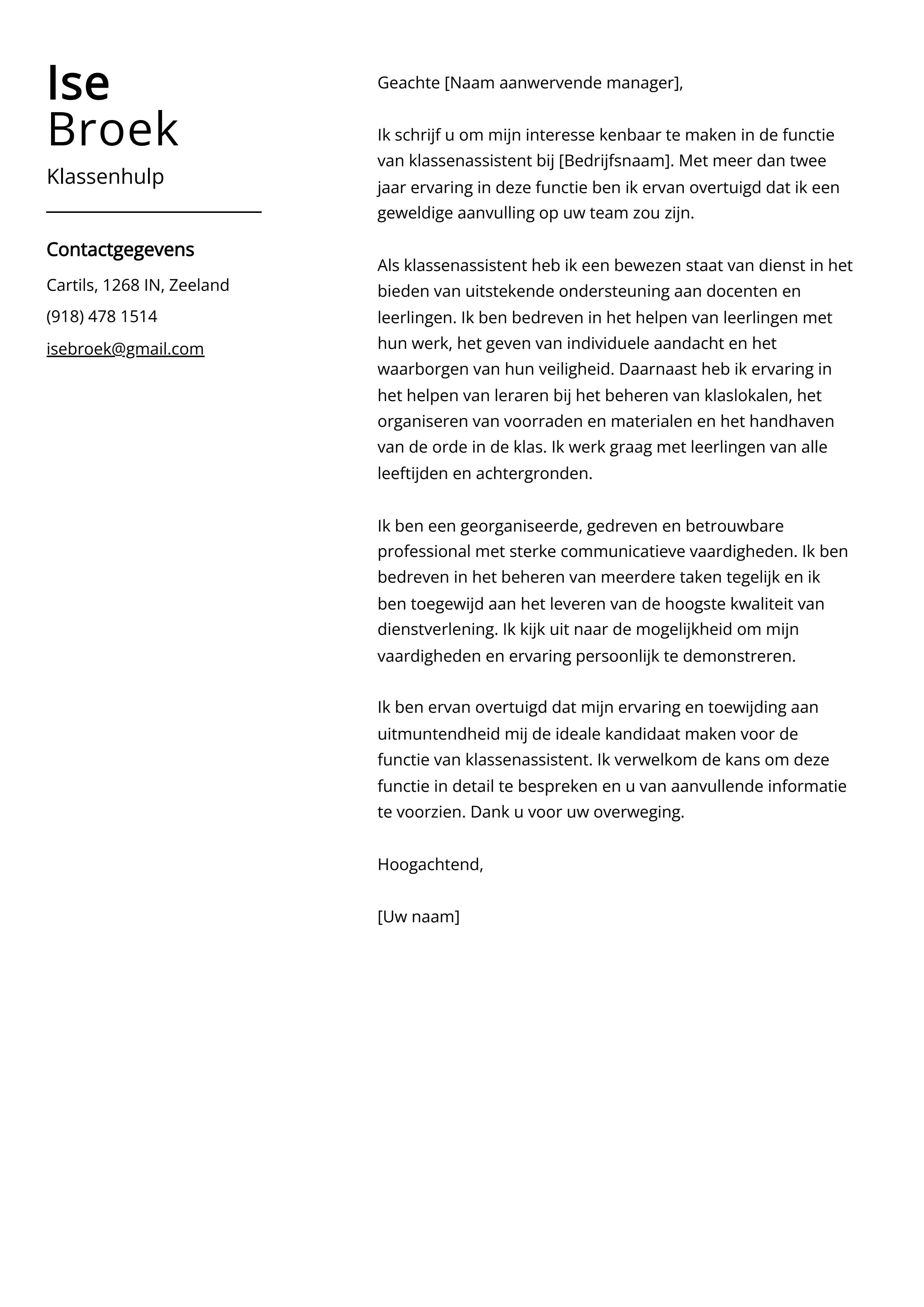 Klassenhulp Sollicitatiebrief Voorbeeld