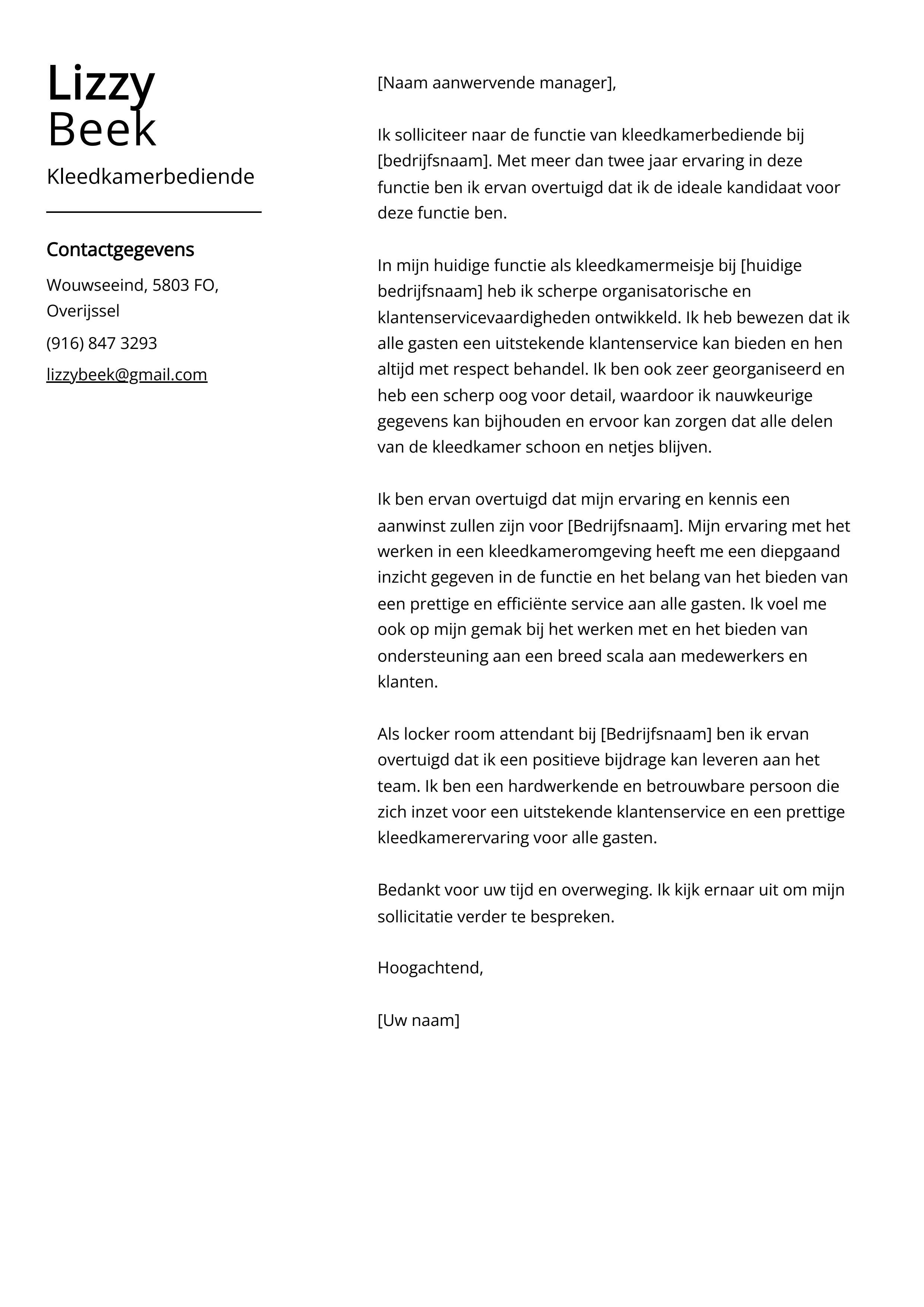 Kleedkamerbediende Voorbeeld sollicitatiebrief