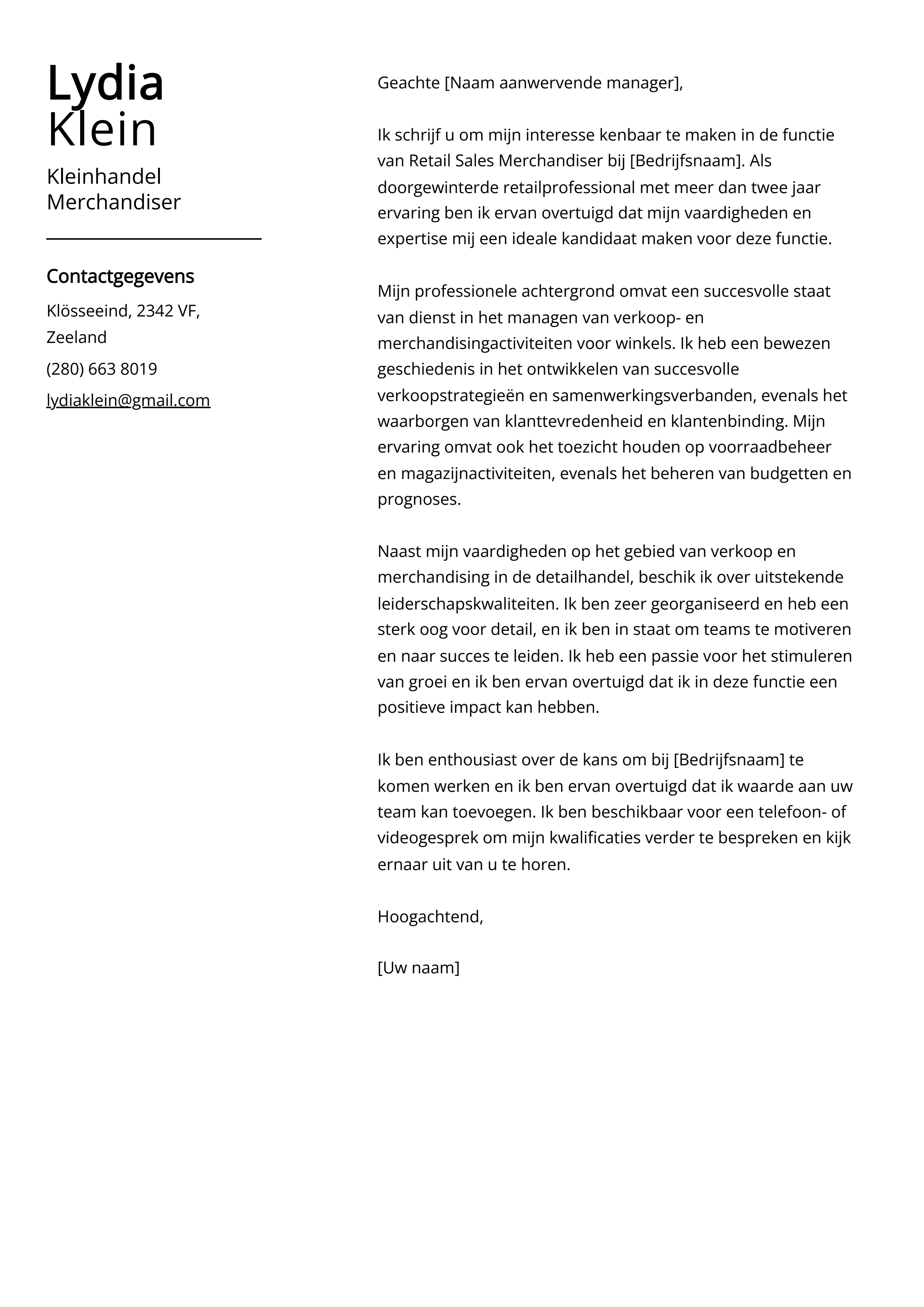 Kleinhandel Merchandiser Sollicitatiebrief Voorbeeld